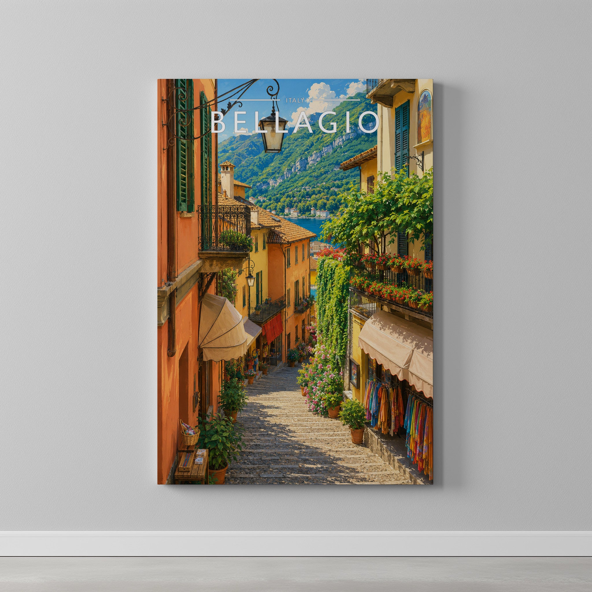 Bellagio Travel Poster as a gallery-wrapped canvas on a plain wall
