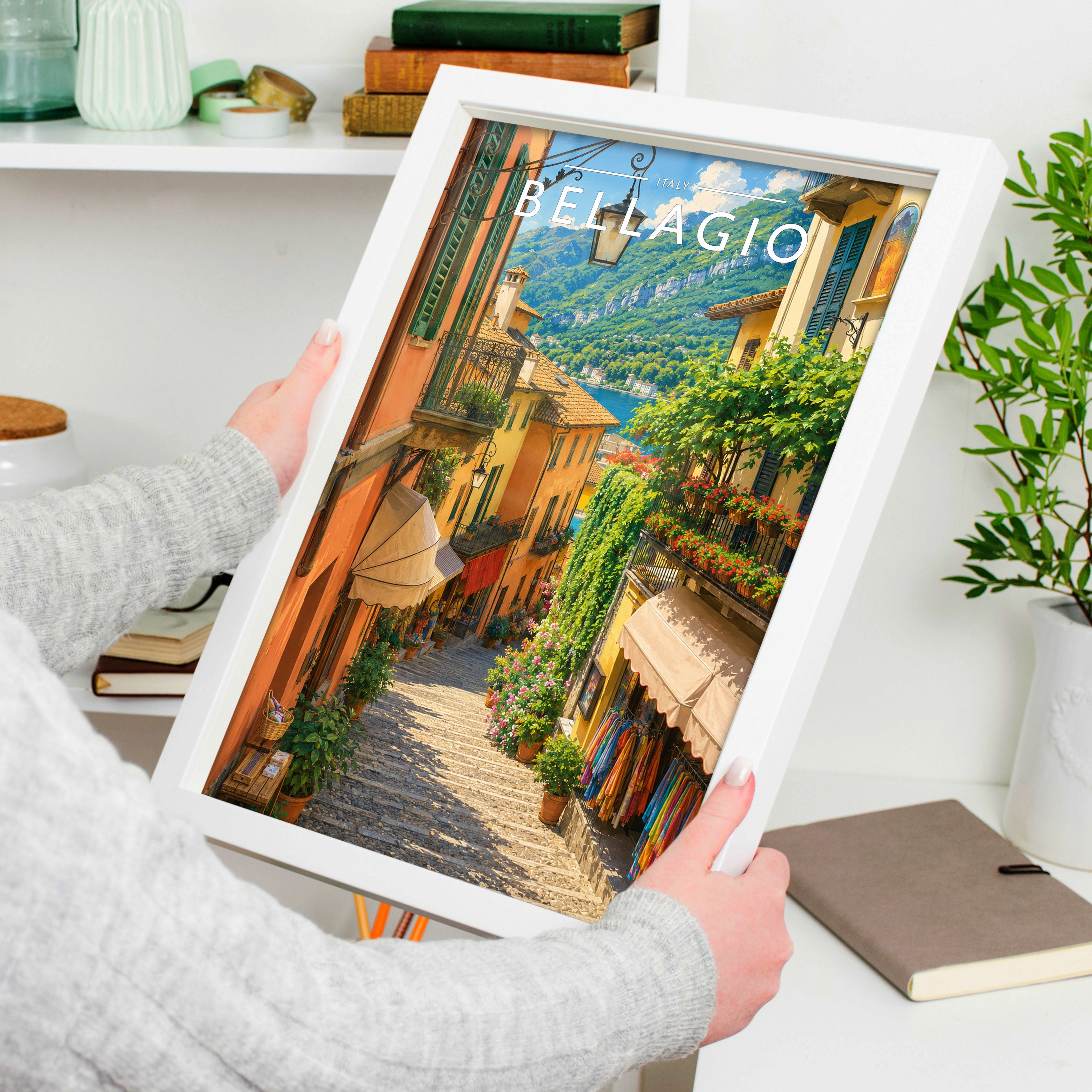 Bellagio Travel Poster held in a white frame
