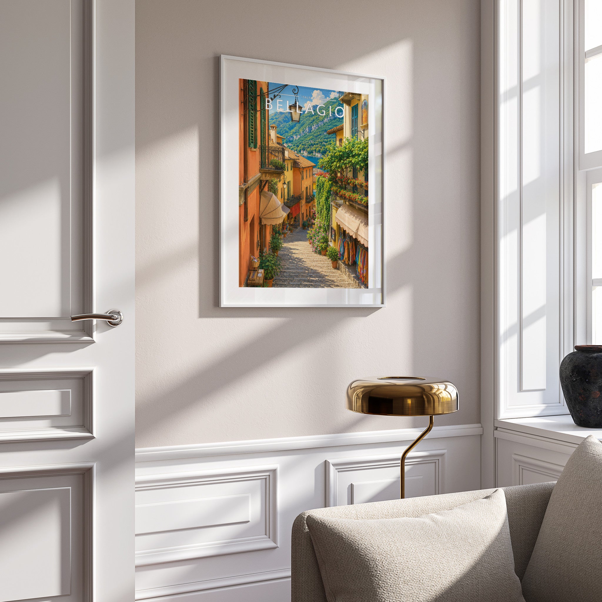 Bellagio Travel Poster mounted in a white frame