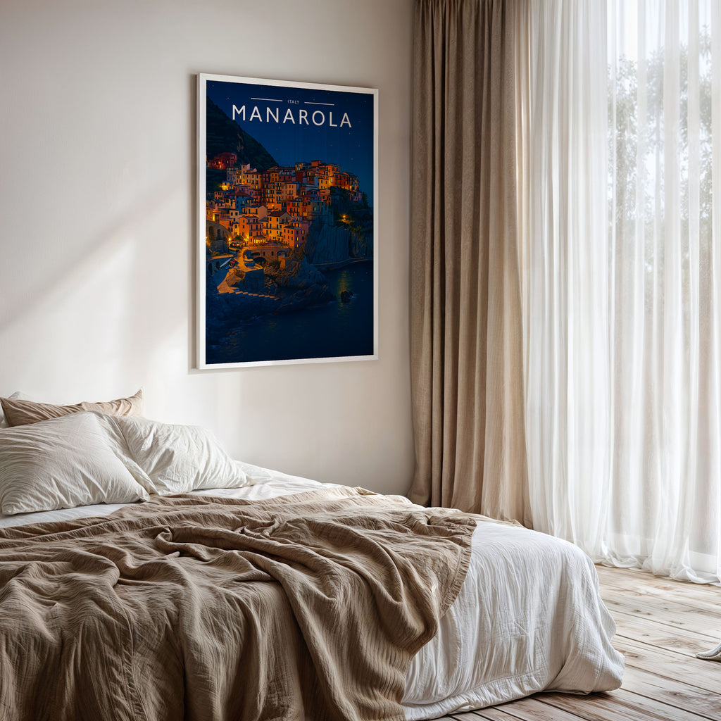 Manarola #2 Travel Poster framed on a bedroom wall