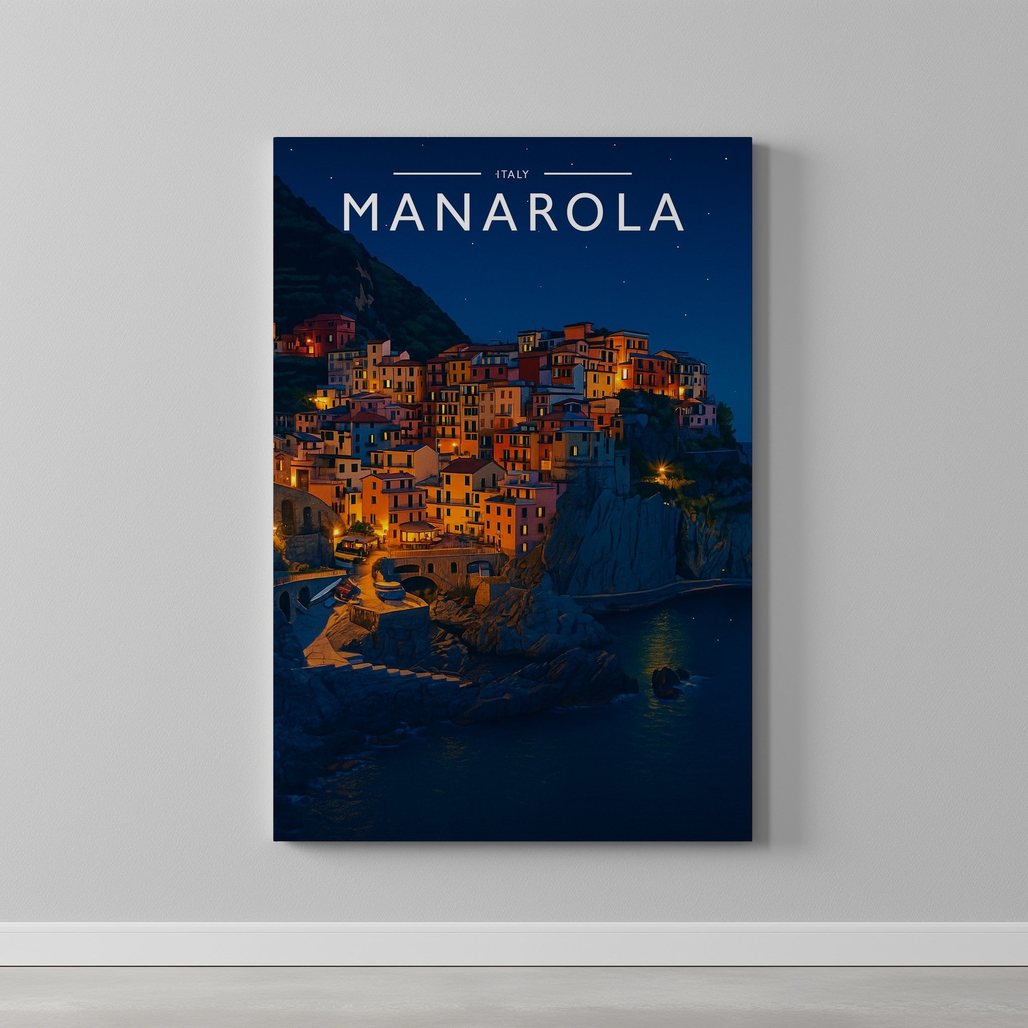 Manarola #2 Travel Poster as a gallery-wrapped canvas on a plain wall