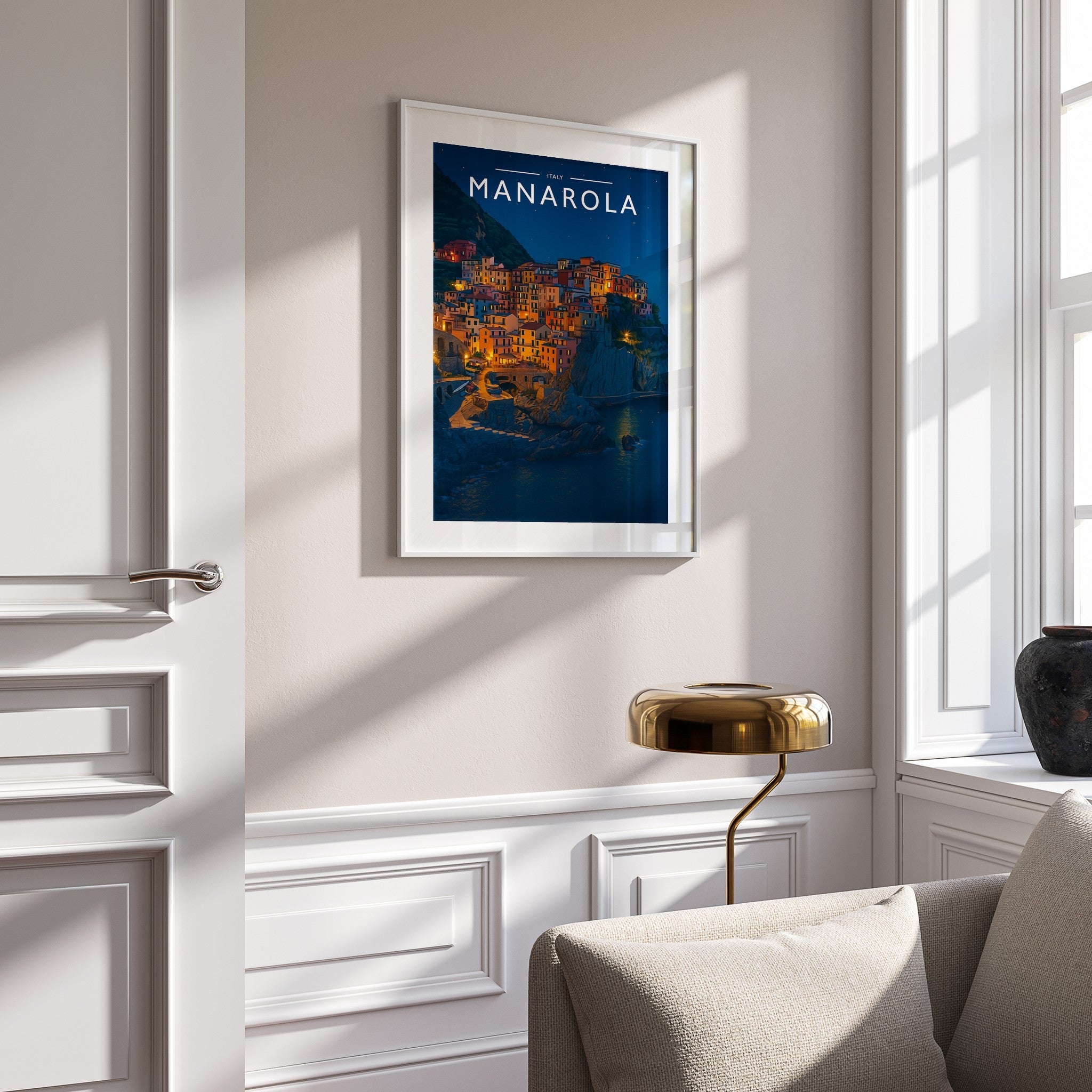 Manarola #2 Travel Poster mounted in a white frame