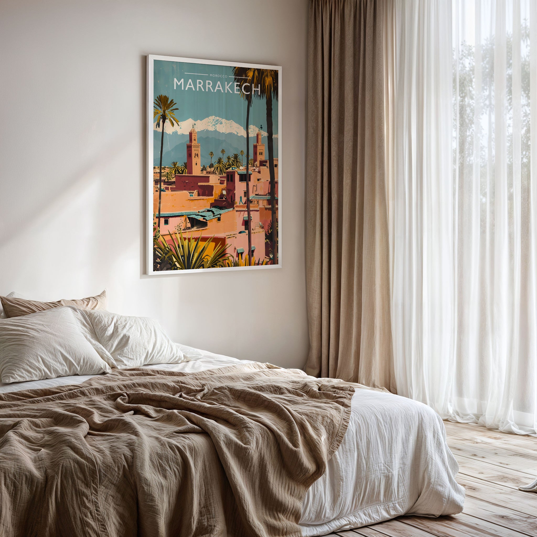 Marrakech Travel Poster framed on a bedroom wall