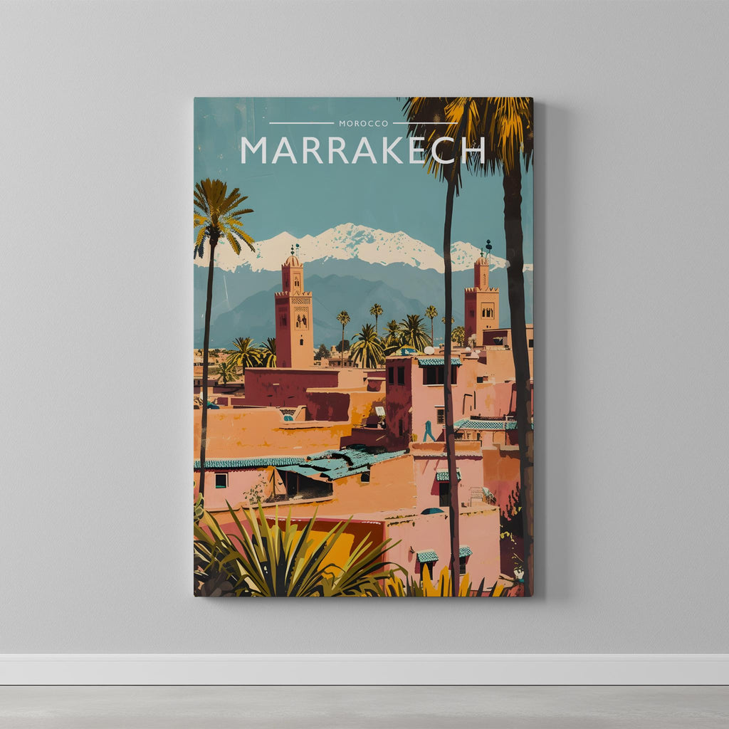 Marrakech Travel Poster as a gallery-wrapped canvas on a plain wall