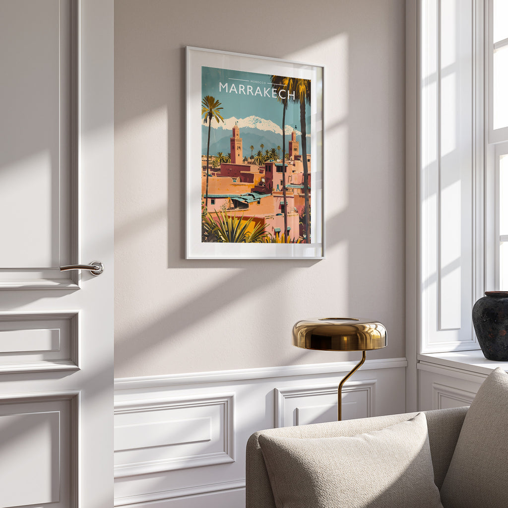 Marrakech Travel Poster in a white frame on a panelled wall