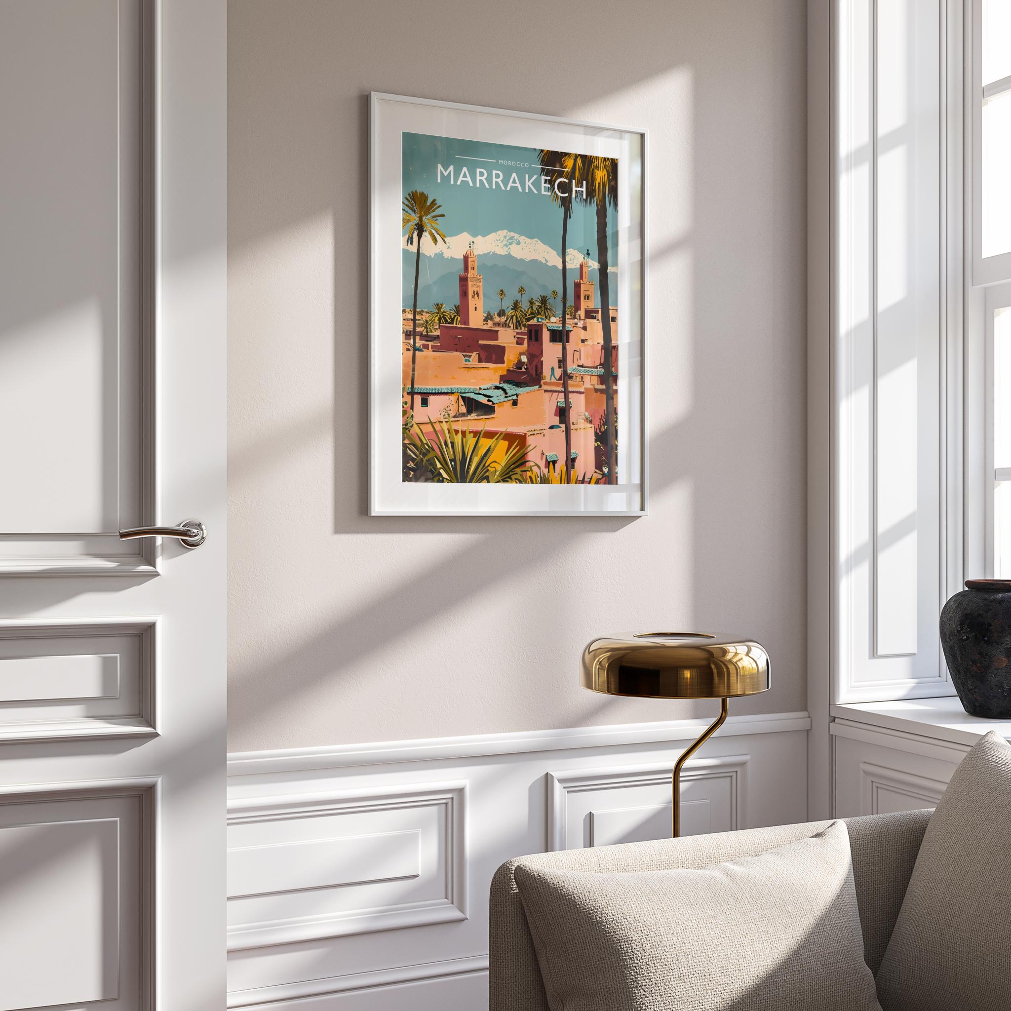 Marrakech Travel Poster mounted in a white frame