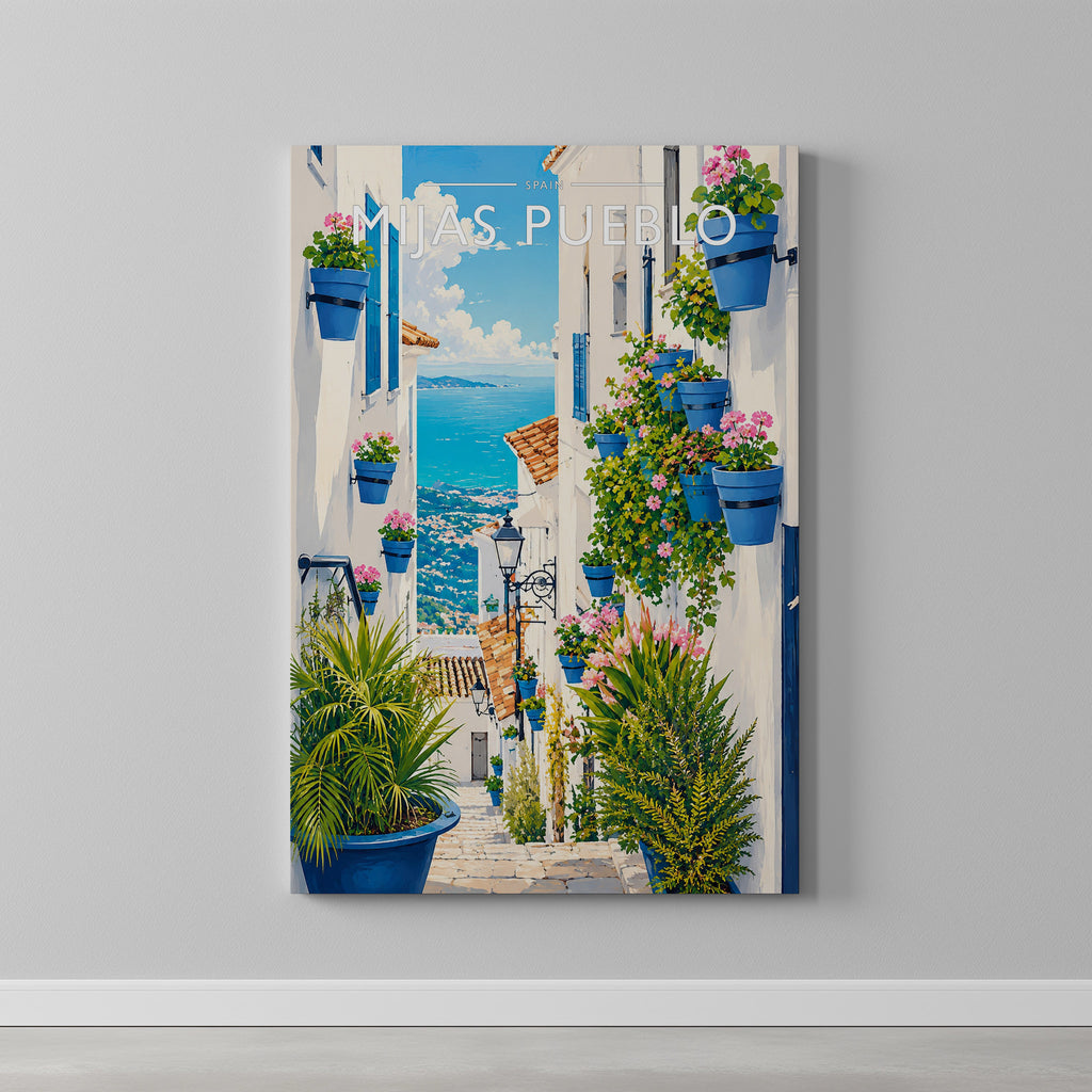 Mijas Pueblo Travel Poster as a gallery-wrapped canvas on a plain wall