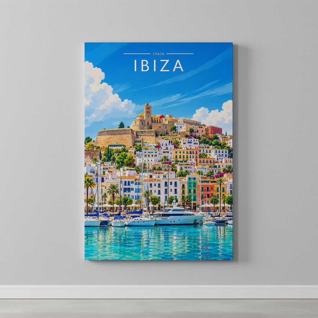 Ibiza #11 Travel Poster as a gallery-wrapped canvas on a plain wall