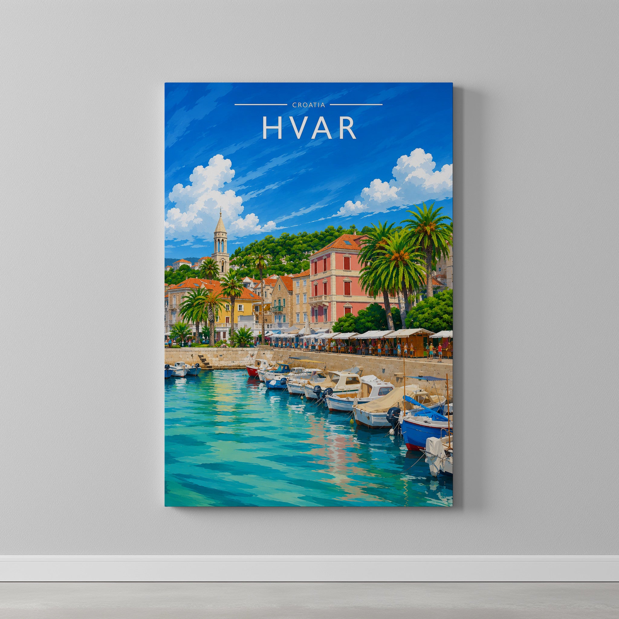 Hvar Travel Poster as a gallery-wrapped canvas on a plain wall