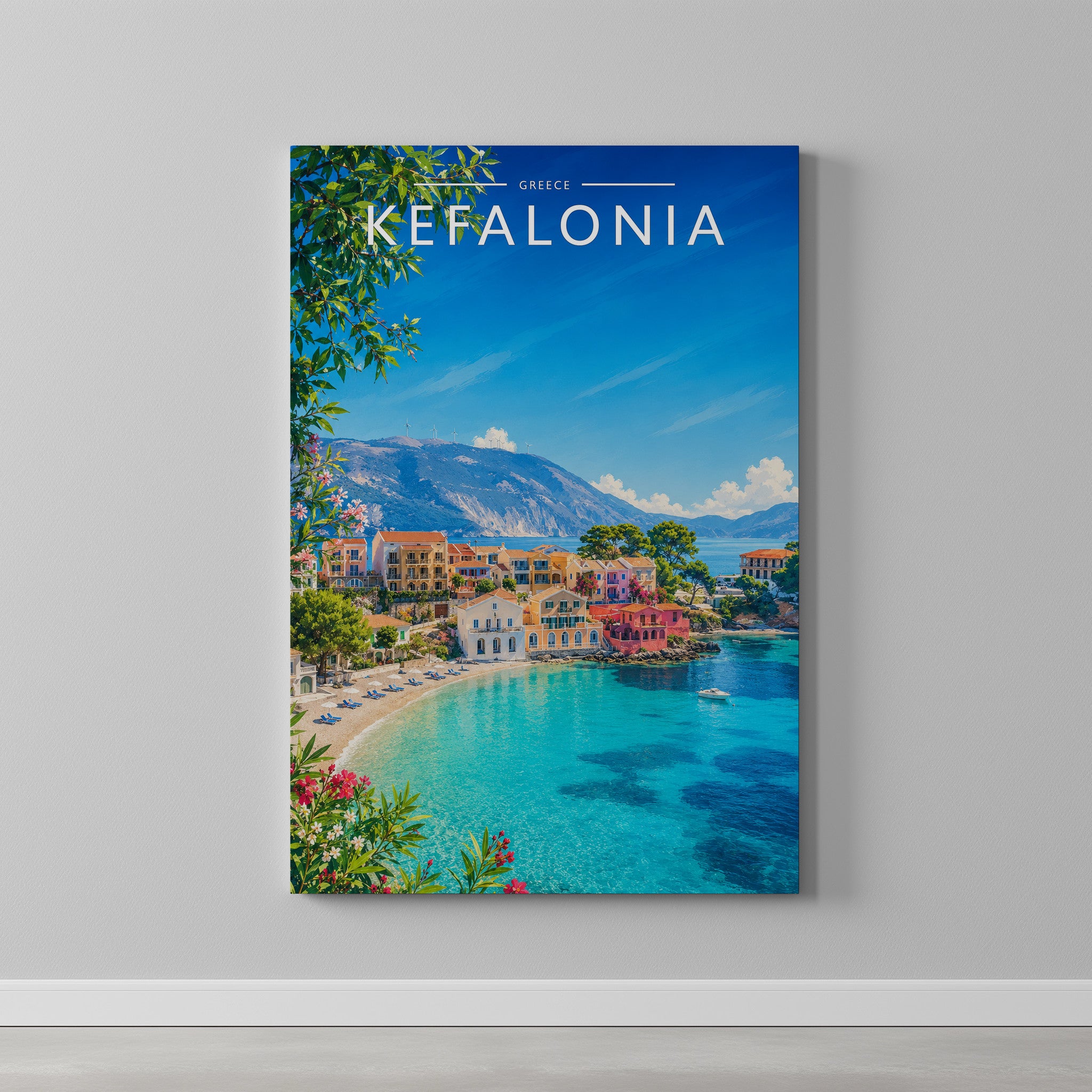 Kefalonia #2 Travel Poster as a gallery-wrapped canvas on a plain wall
