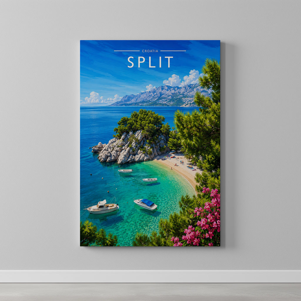 Split #2 Travel Poster as a gallery-wrapped canvas on a plain wall