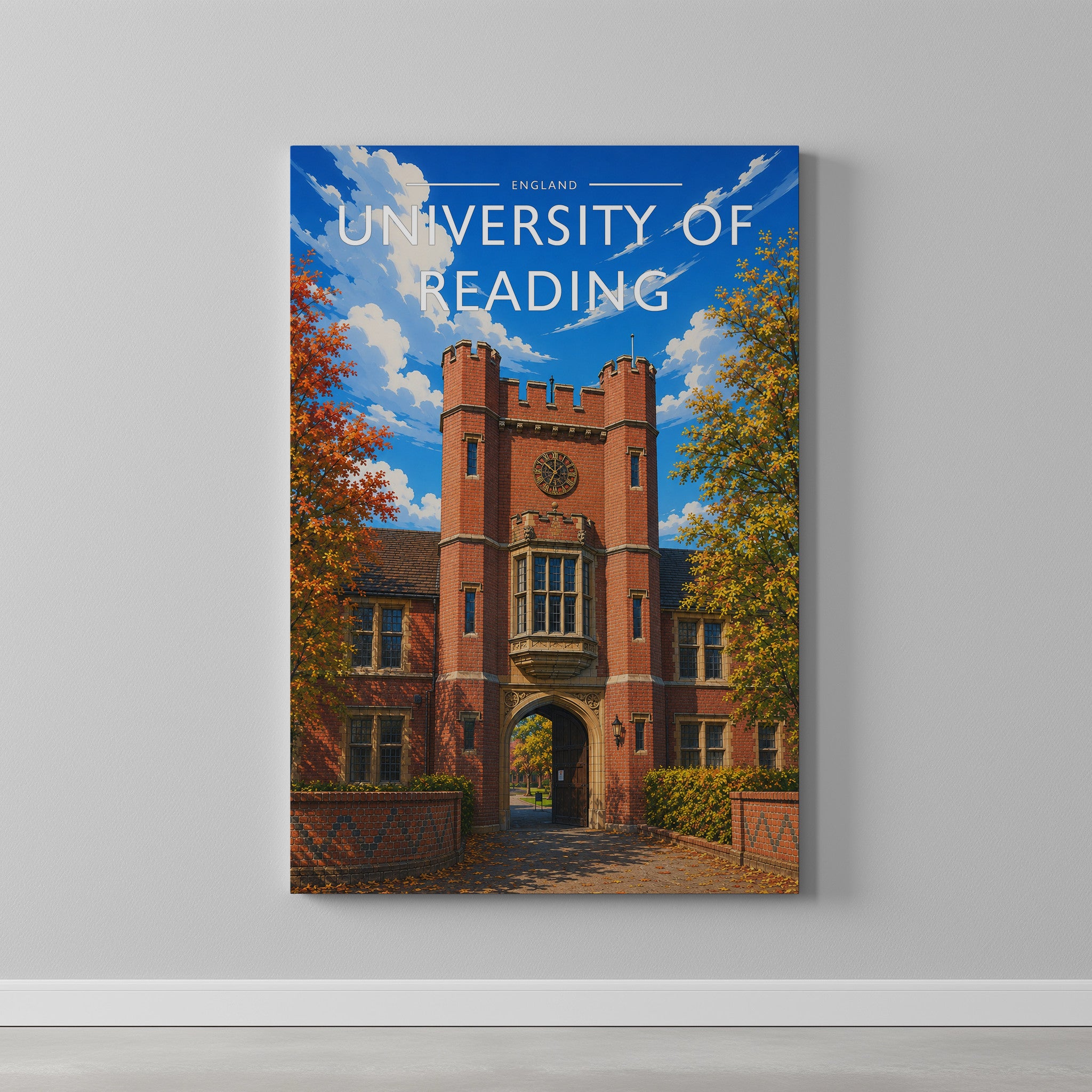 University of Reading Travel Poster as a gallery-wrapped canvas on a plain wall