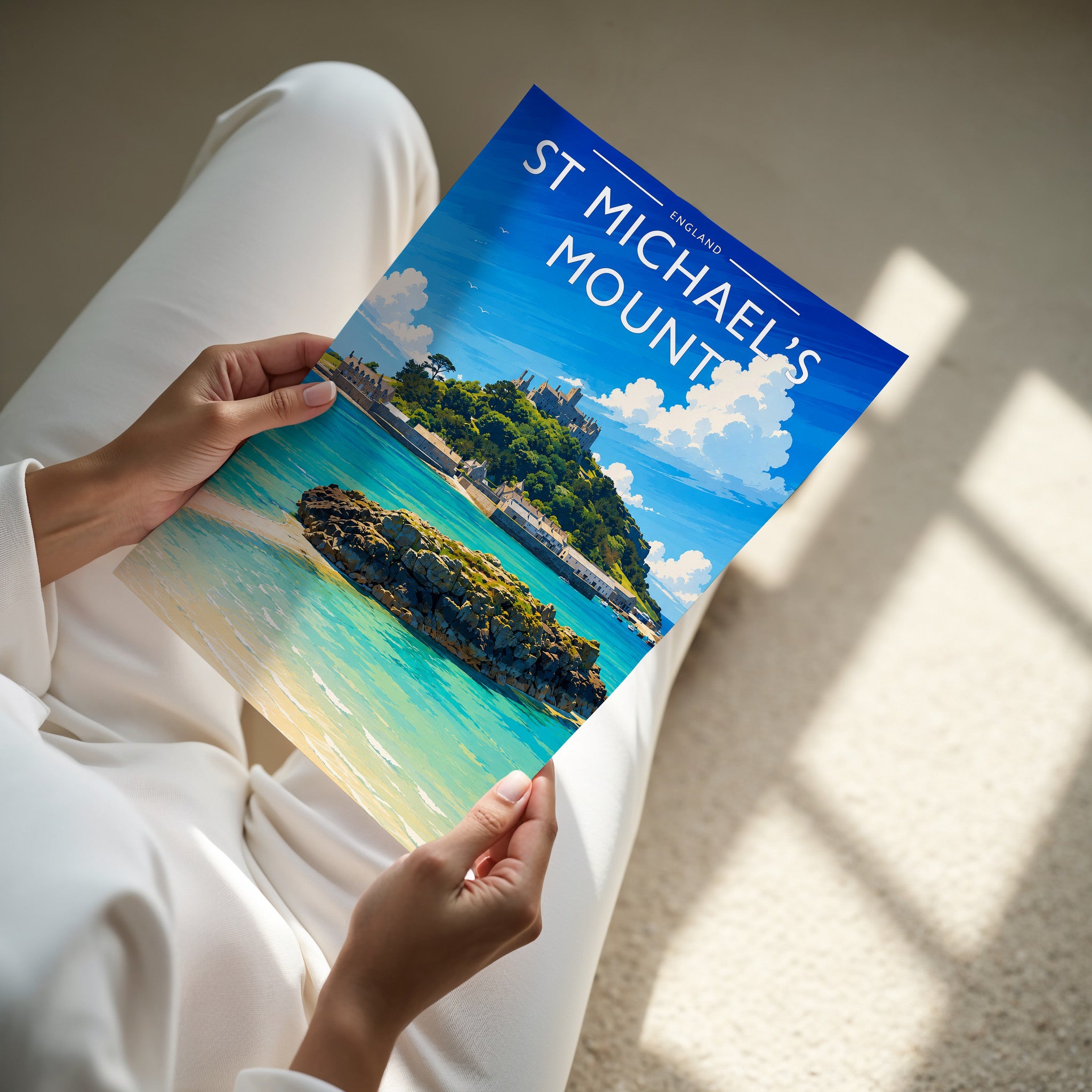 St Michael's Mount Travel Poster - A4 print in hand
