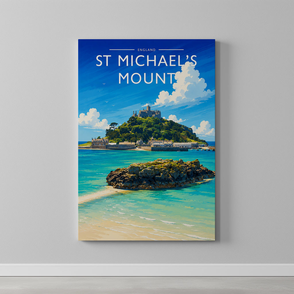 St Michael's Mount Travel Poster as a gallery-wrapped canvas on a plain wall