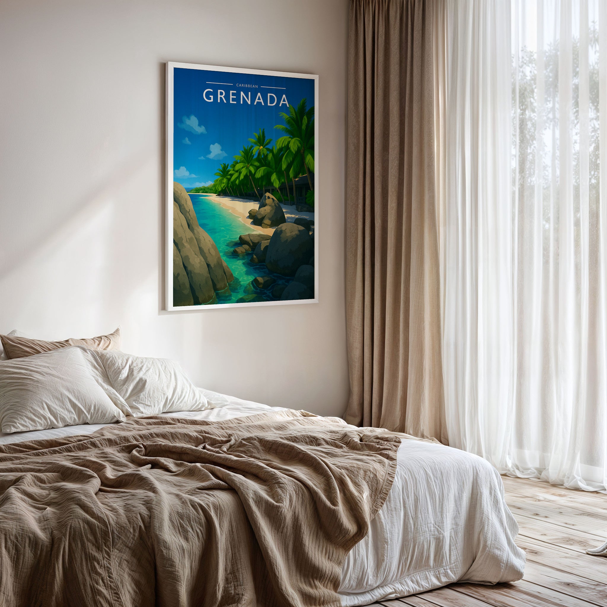Grenada Travel Poster framed on a bedroom wall