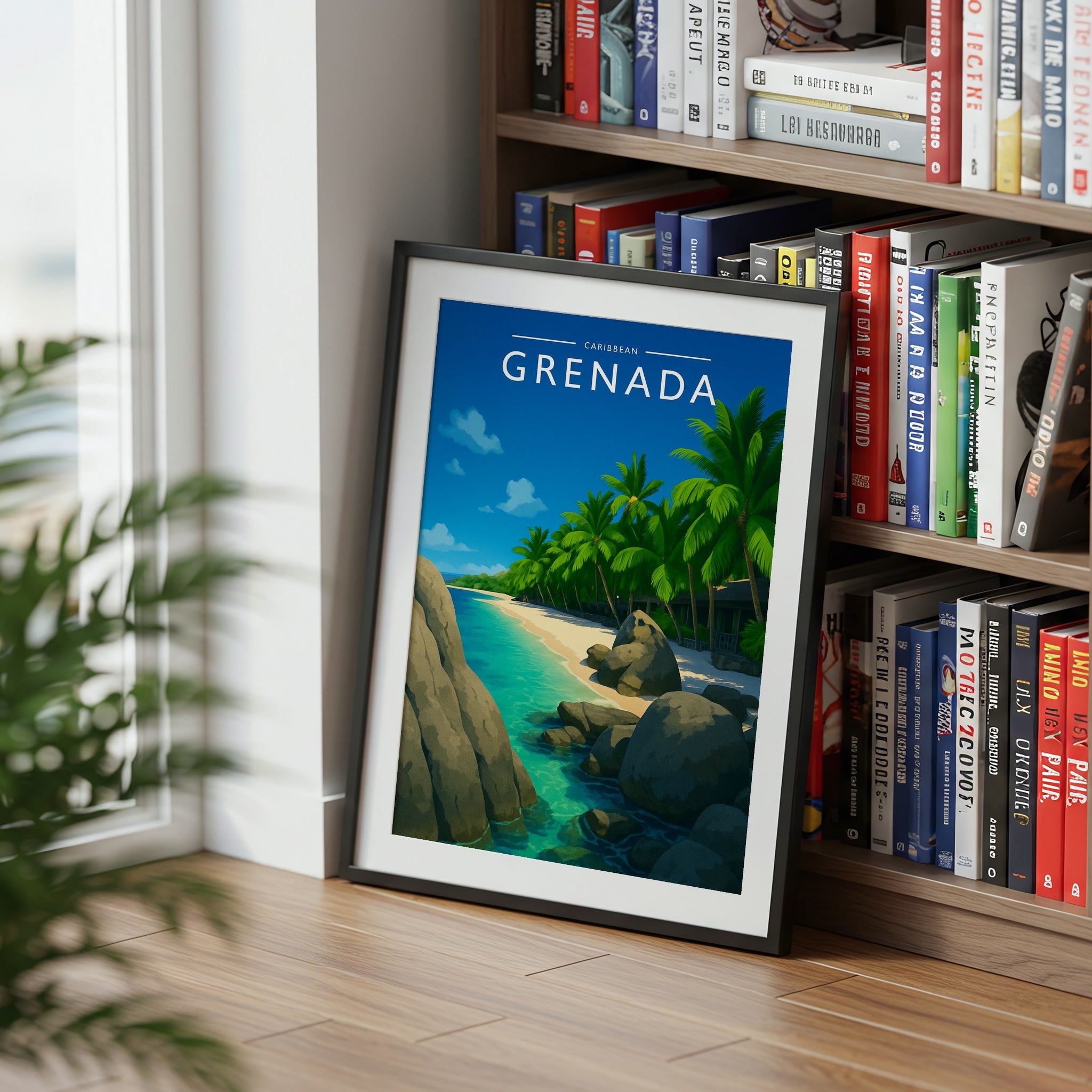 Grenada Travel Poster mounted in a black frame