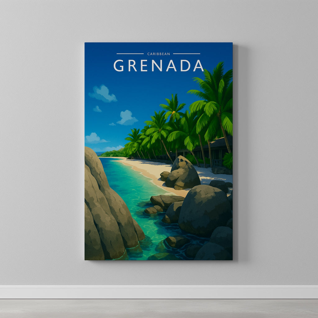 Grenada Travel Poster as a gallery-wrapped canvas on a plain wall