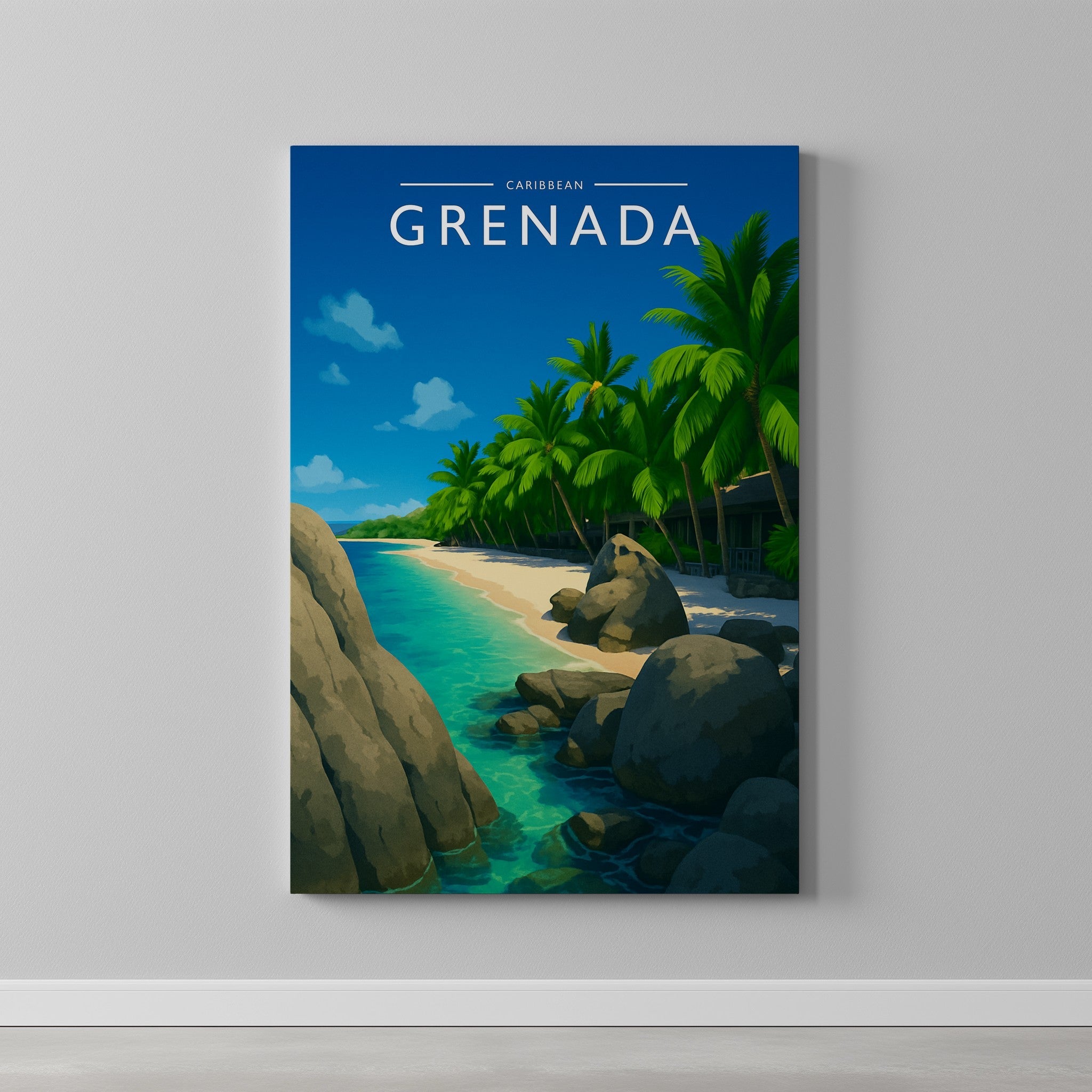 Grenada Travel Poster as a gallery-wrapped canvas on a plain wall