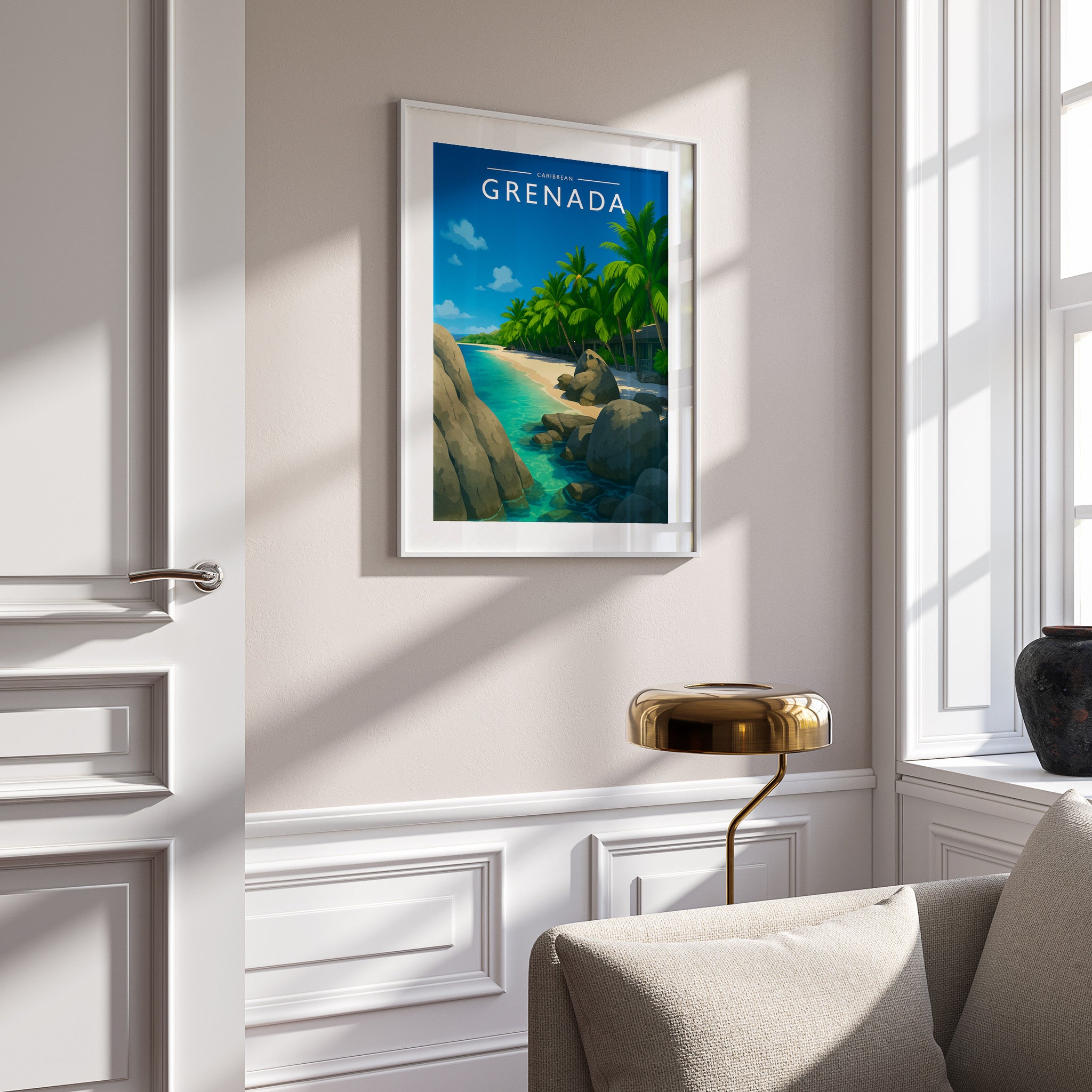 Grenada Travel Poster in a white frame on a panelled wall