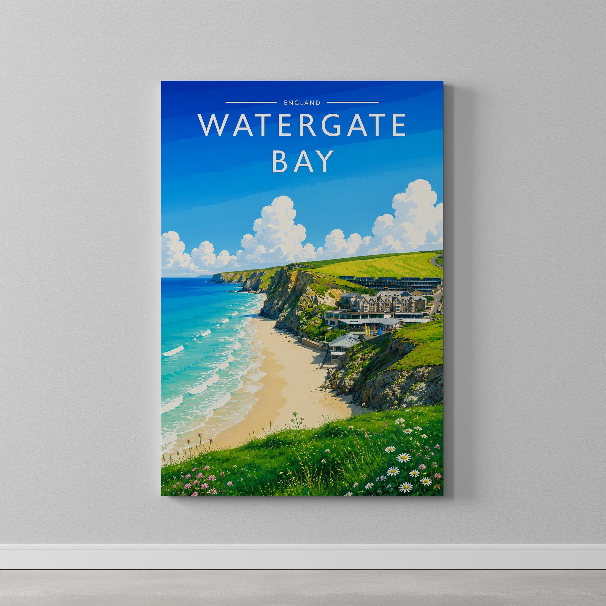 Watergate Bay #2 Travel Poster as a gallery-wrapped canvas on a plain wall