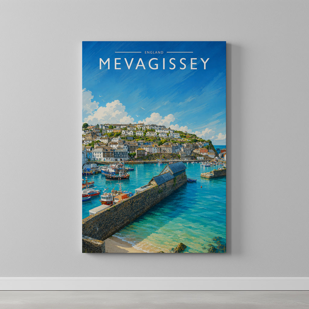 Mevagissey Travel Poster as a gallery-wrapped canvas on a plain wall