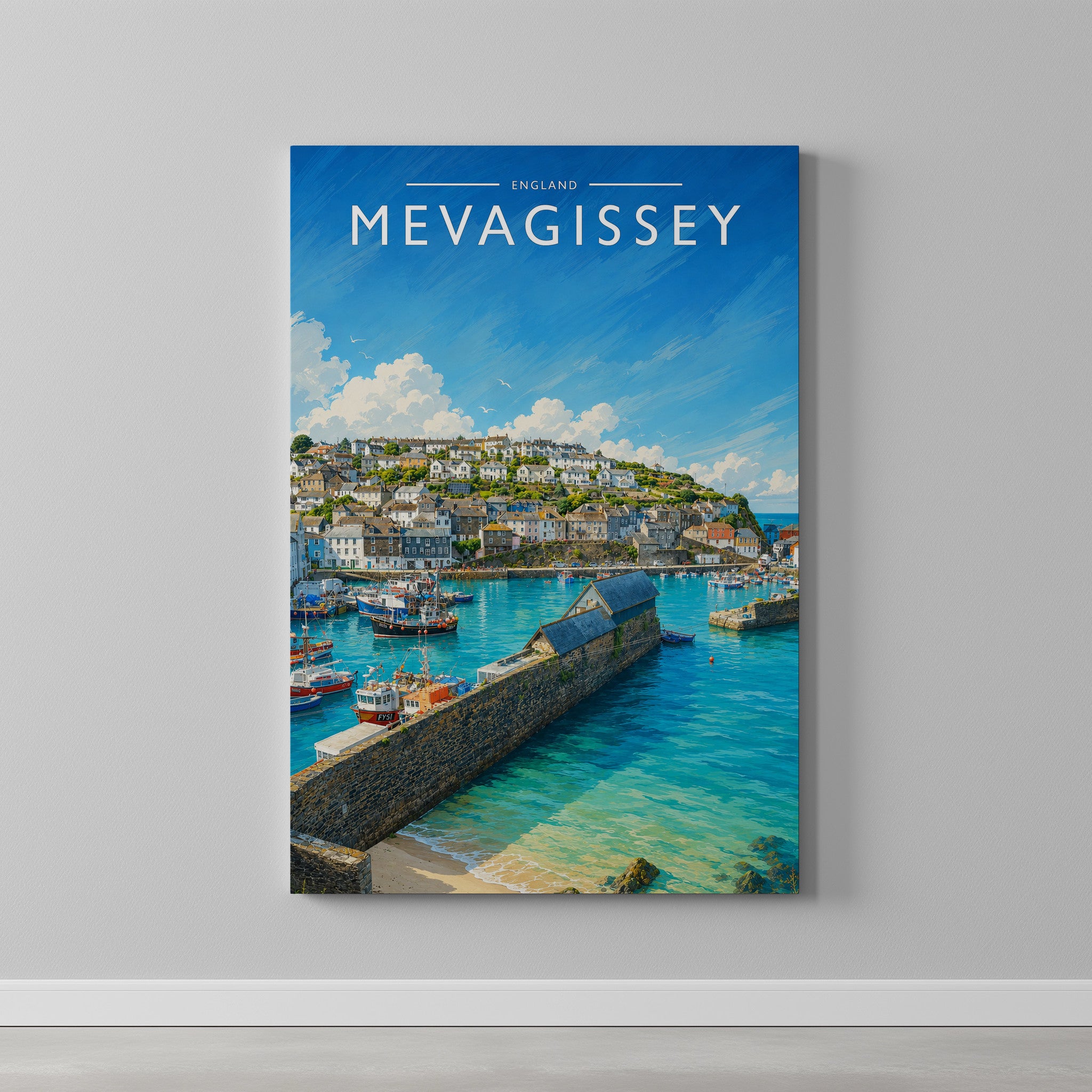 Mevagissey Travel Poster as a gallery-wrapped canvas on a plain wall
