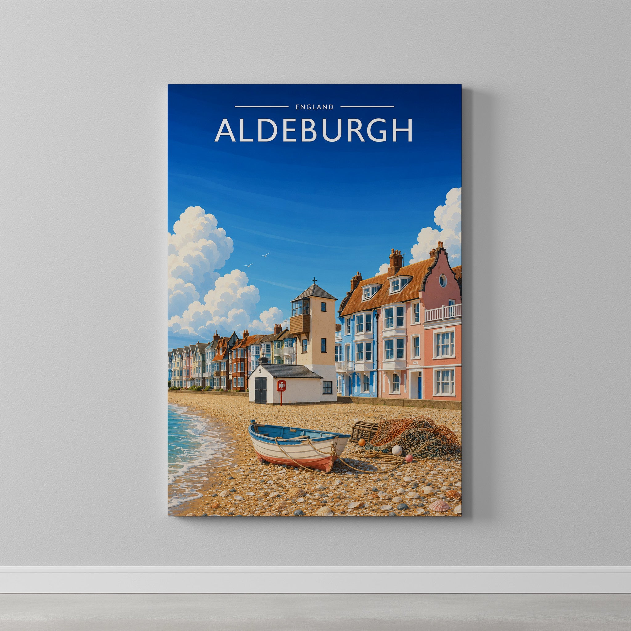 Aldeburgh Travel Poster as a gallery-wrapped canvas on a plain wall