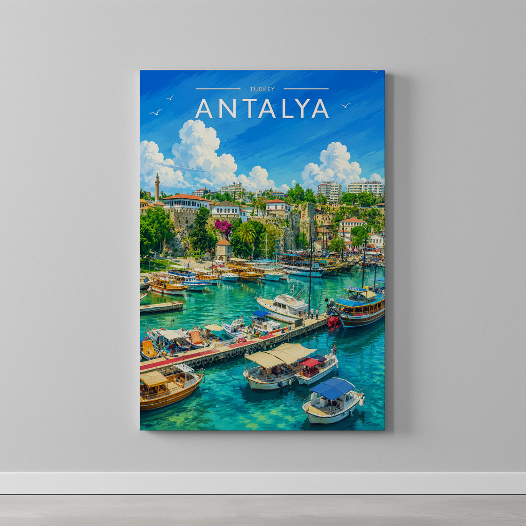 Antalya #2 Travel Poster as a gallery-wrapped canvas on a plain wall