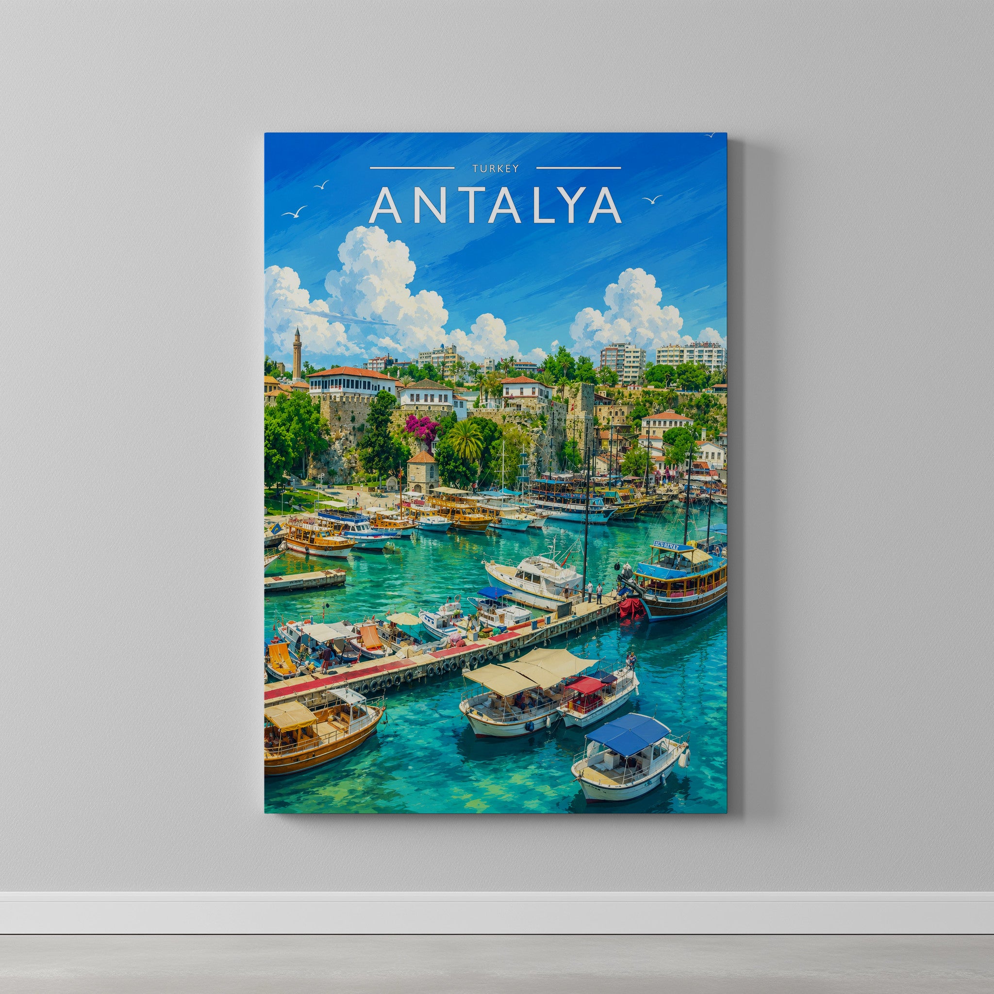 Antalya #2 Travel Poster as a gallery-wrapped canvas on a plain wall