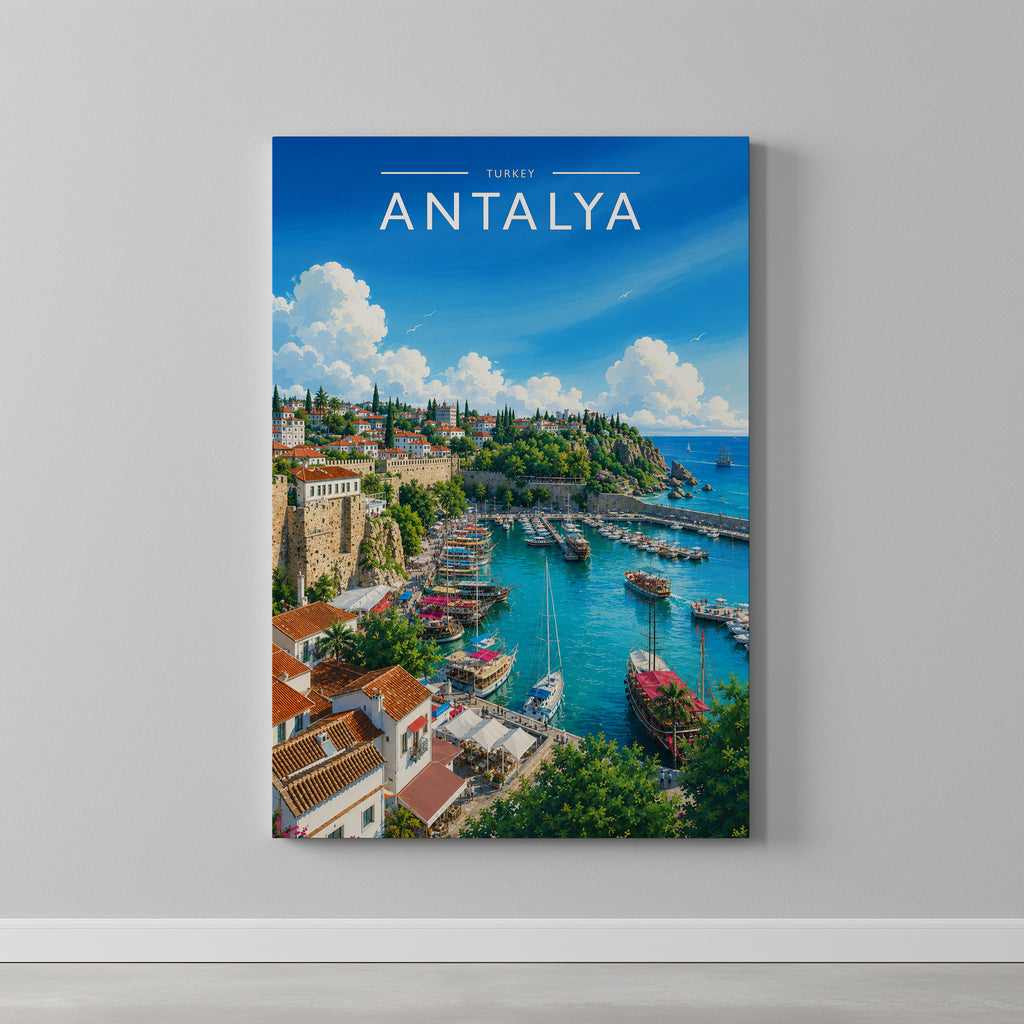 Antalya #3 Travel Poster as a gallery-wrapped canvas on a plain wall