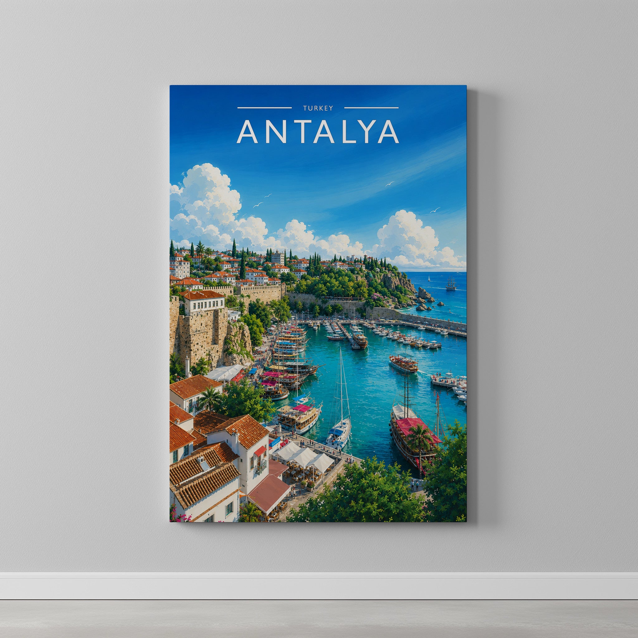 Antalya #3 Travel Poster as a gallery-wrapped canvas on a plain wall