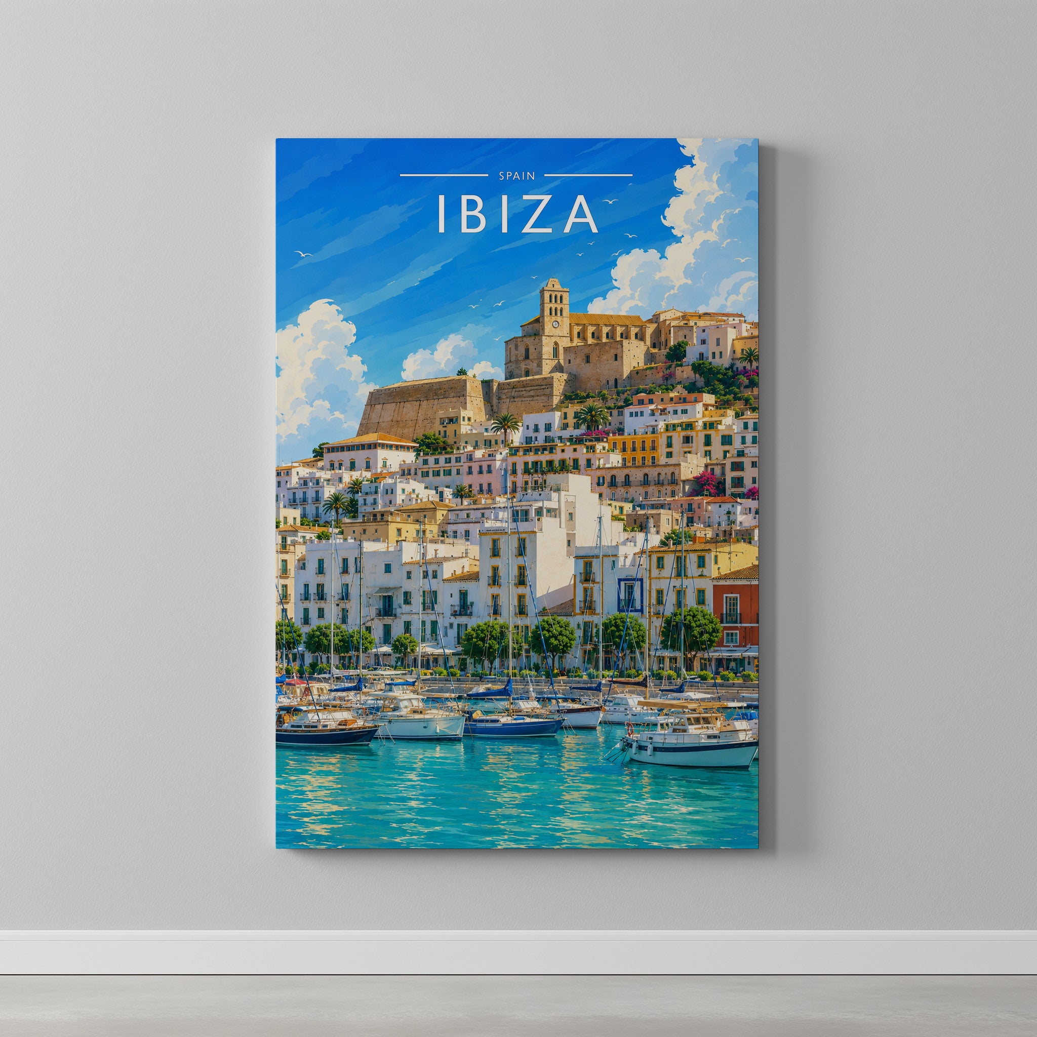 Ibiza #12 Travel Poster as a gallery-wrapped canvas on a plain wall