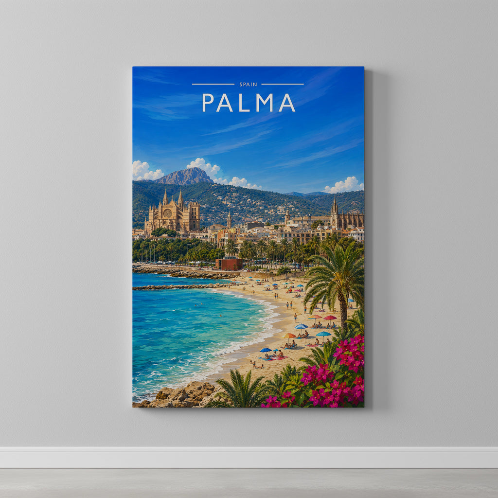 Palma Travel Poster as a gallery-wrapped canvas on a plain wall