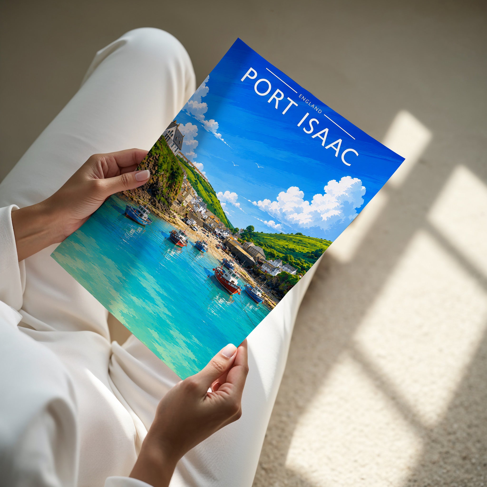 Port Isaac Travel Poster - A4 print in hand