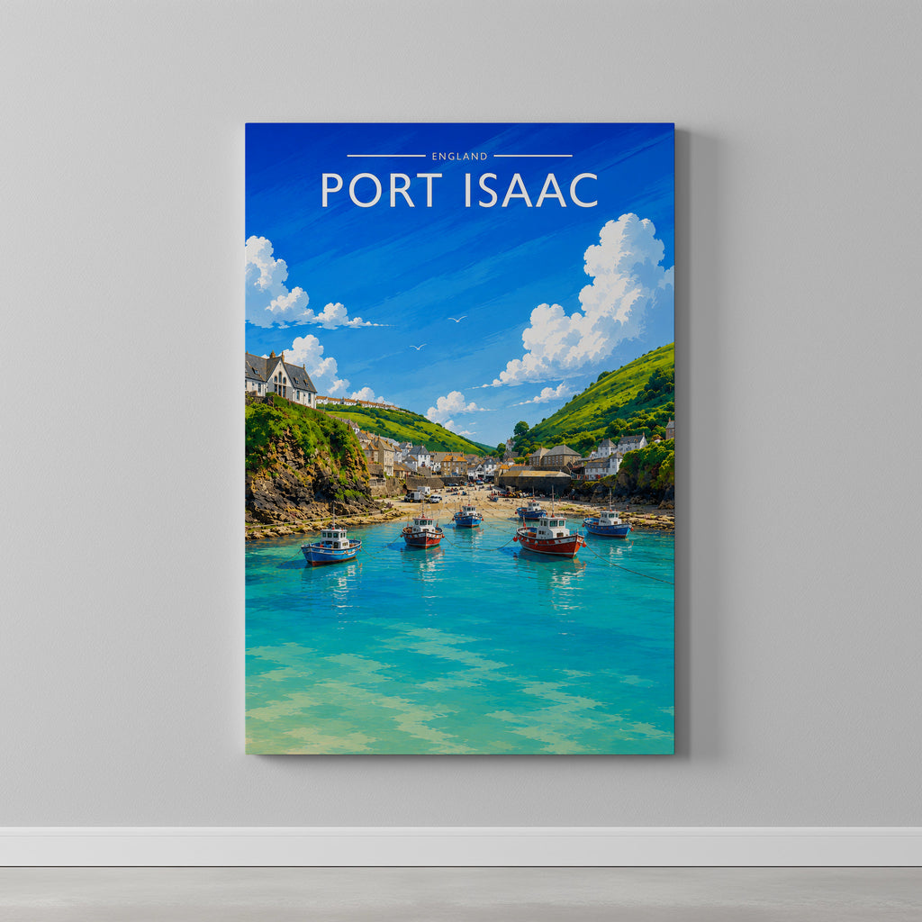 Port Isaac Travel Poster as a gallery-wrapped canvas on a plain wall
