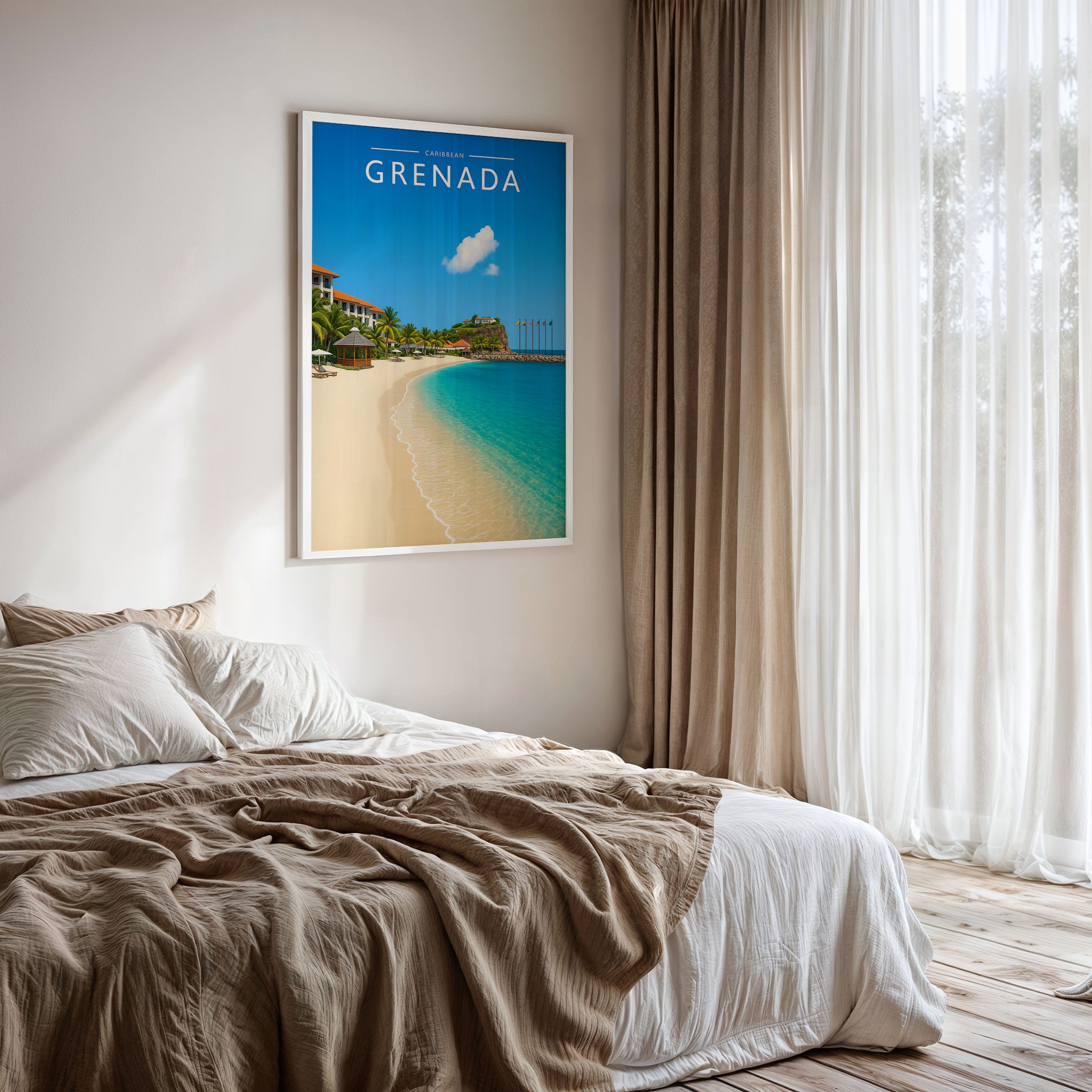 Grenada #2 Travel Poster framed on a bedroom wall