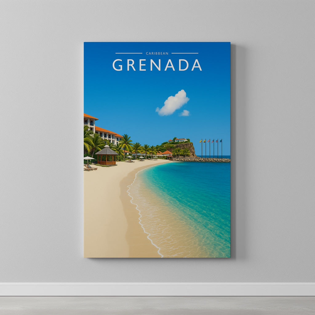 Grenada #2 Travel Poster as a gallery-wrapped canvas on a plain wall
