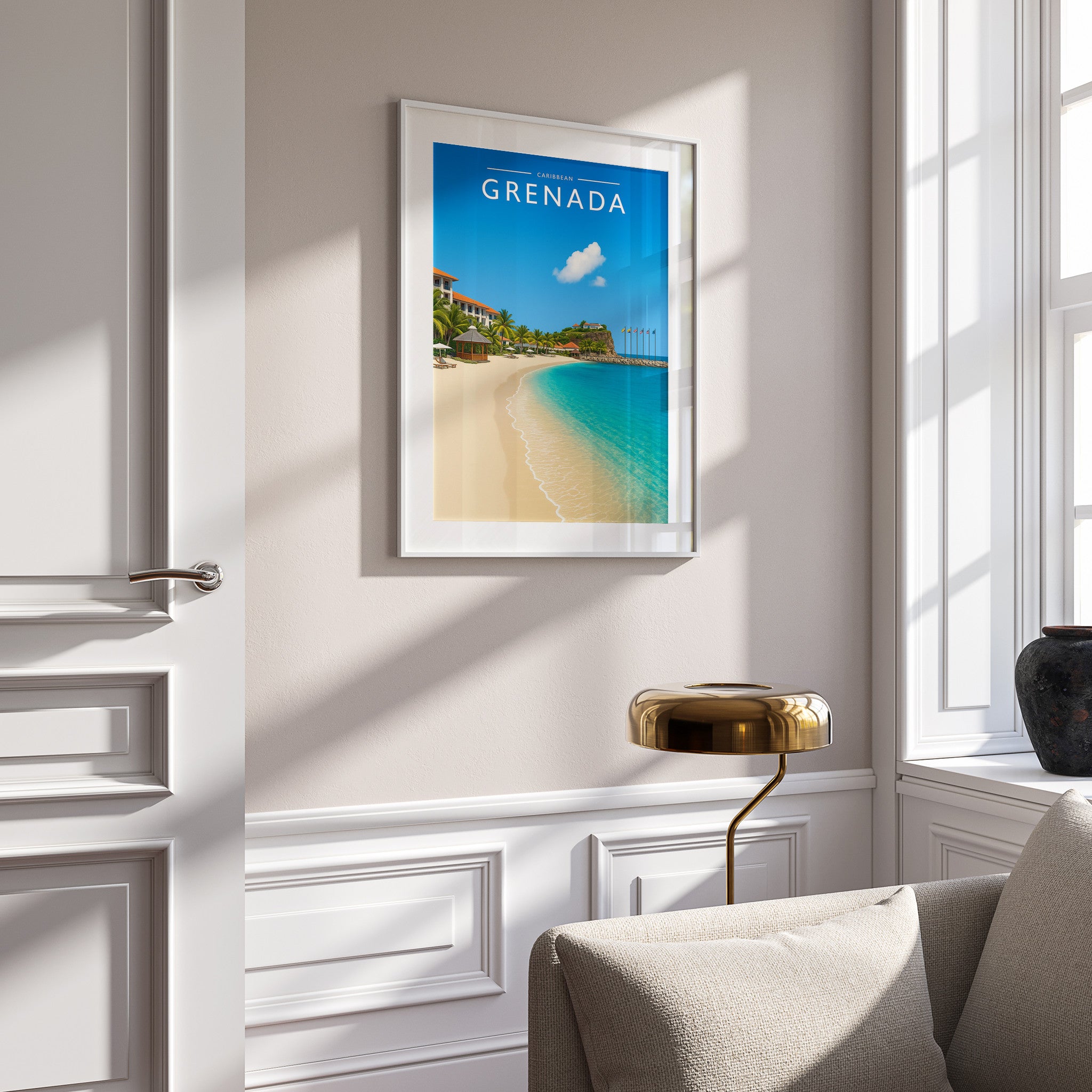 Grenada #2 Travel Poster in a white frame on a panelled wall