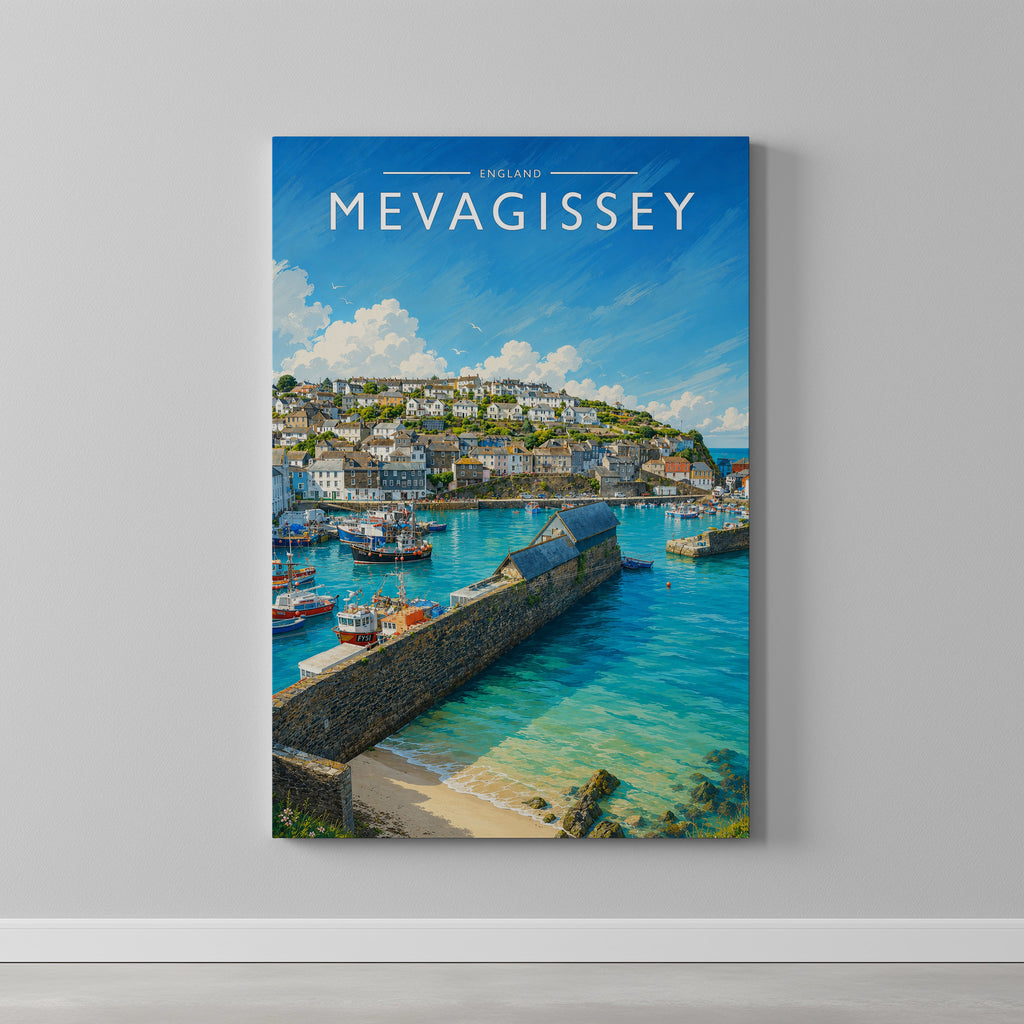 Mevagissey #2 Travel Poster as a gallery-wrapped canvas on a plain wall