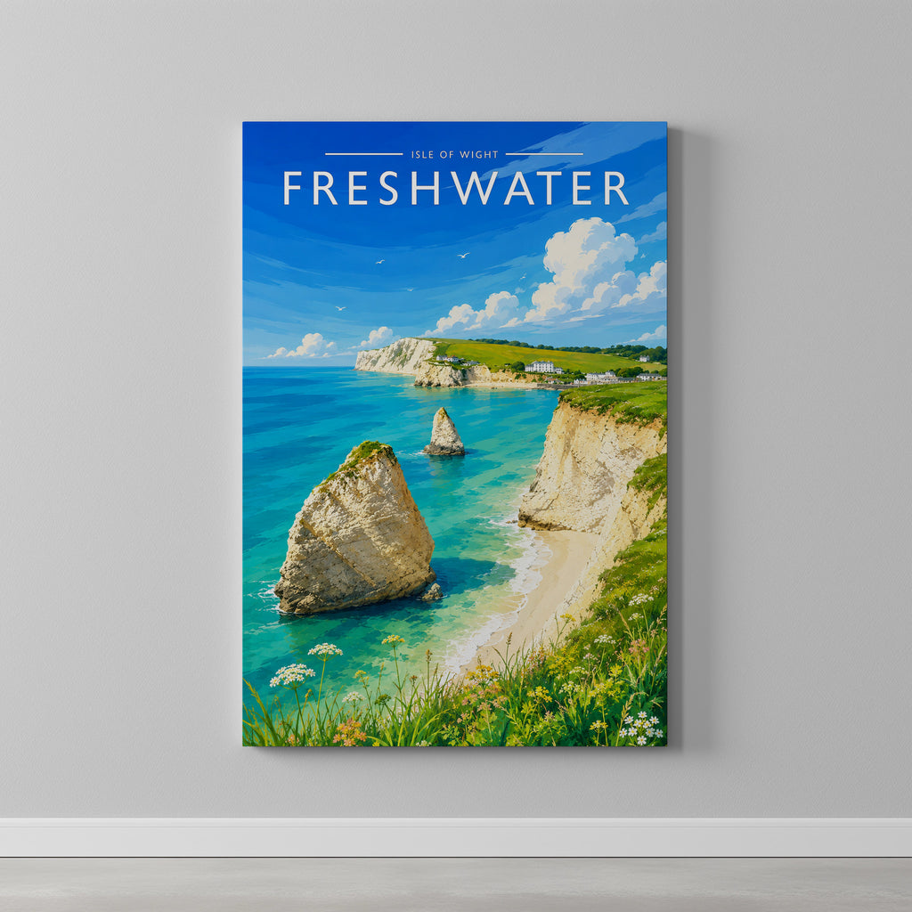 Freshwater Travel Poster as a gallery-wrapped canvas on a plain wall