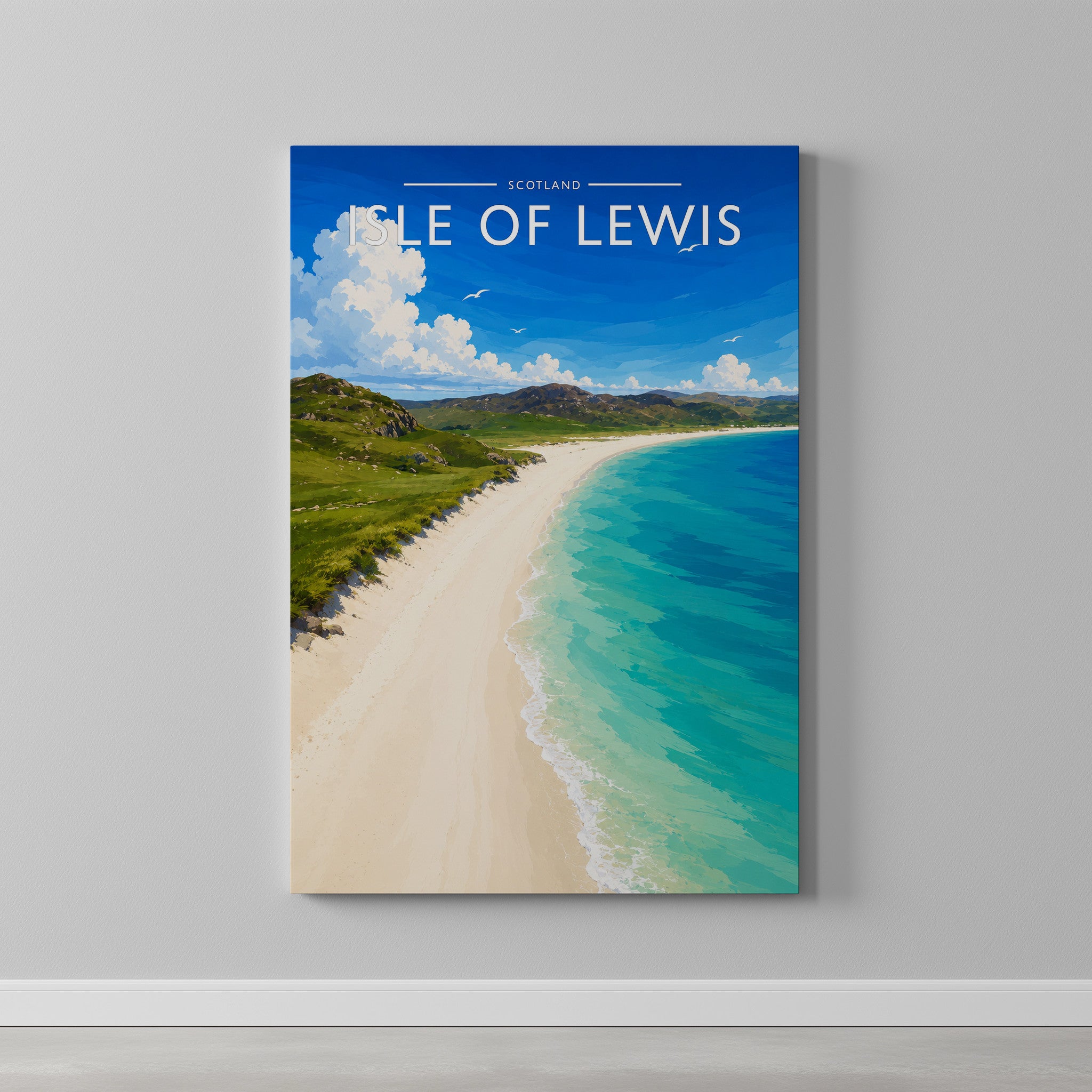 Isle of Lewis Travel Poster as a gallery-wrapped canvas on a plain wall