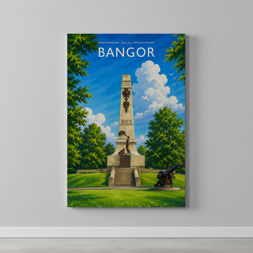 Bangor #2 Travel Poster as a gallery-wrapped canvas on a plain wall