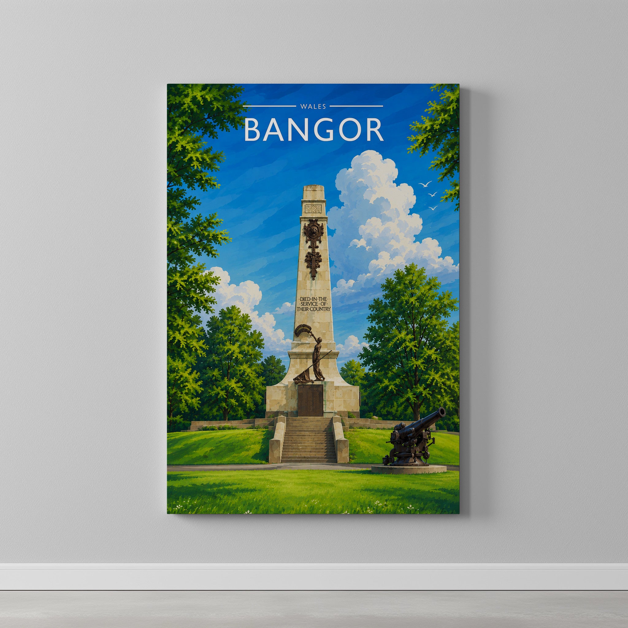 Bangor #2 Travel Poster as a gallery-wrapped canvas on a plain wall