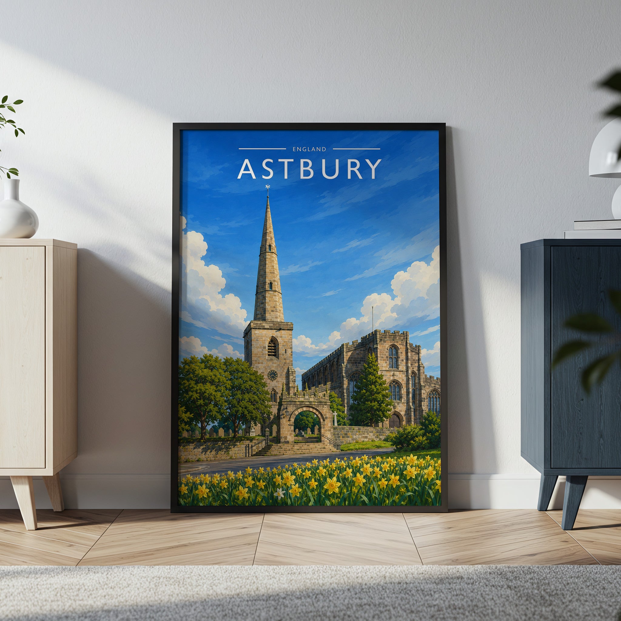 Astbury Travel Poster in a black frame
