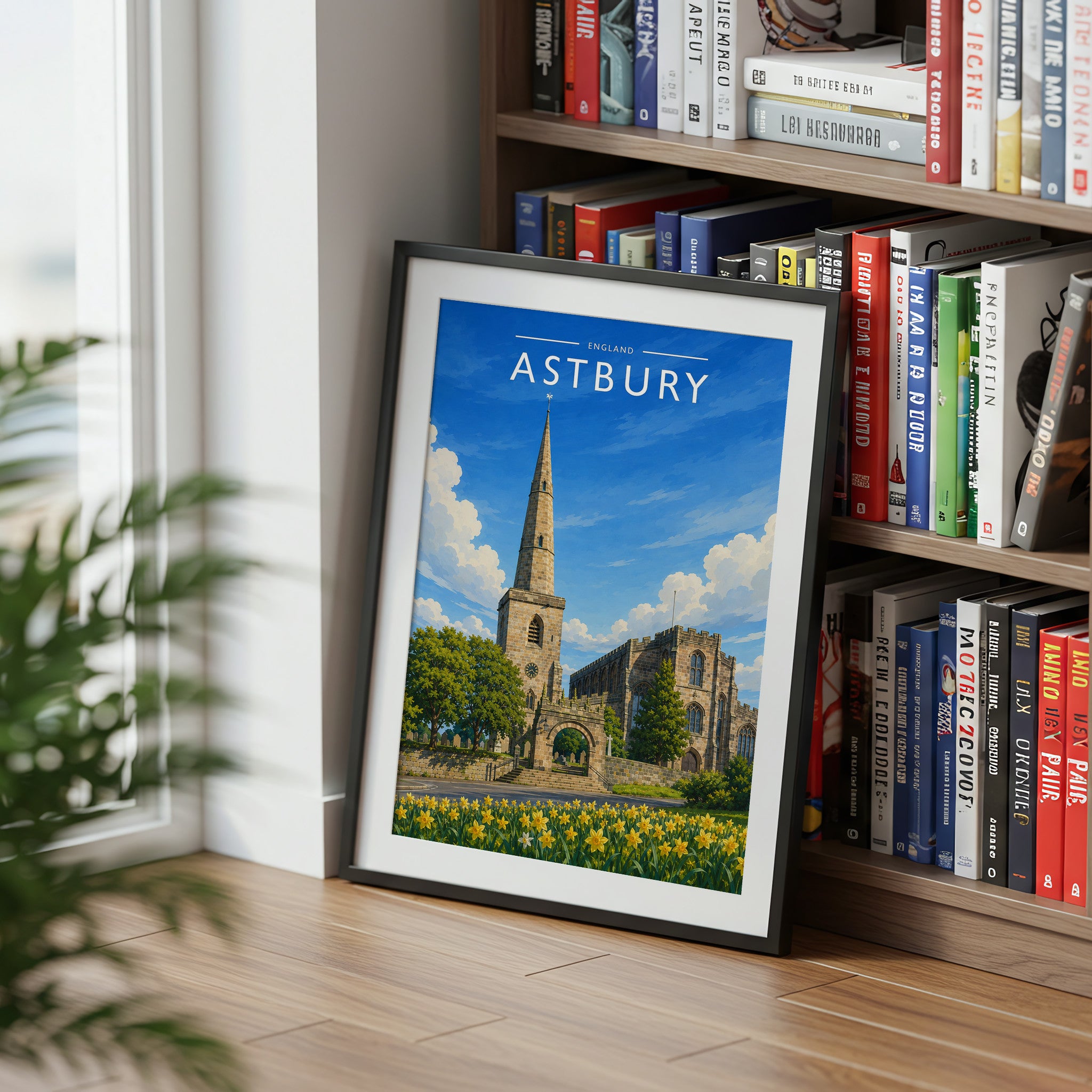 Astbury Travel Poster mounted in a black frame