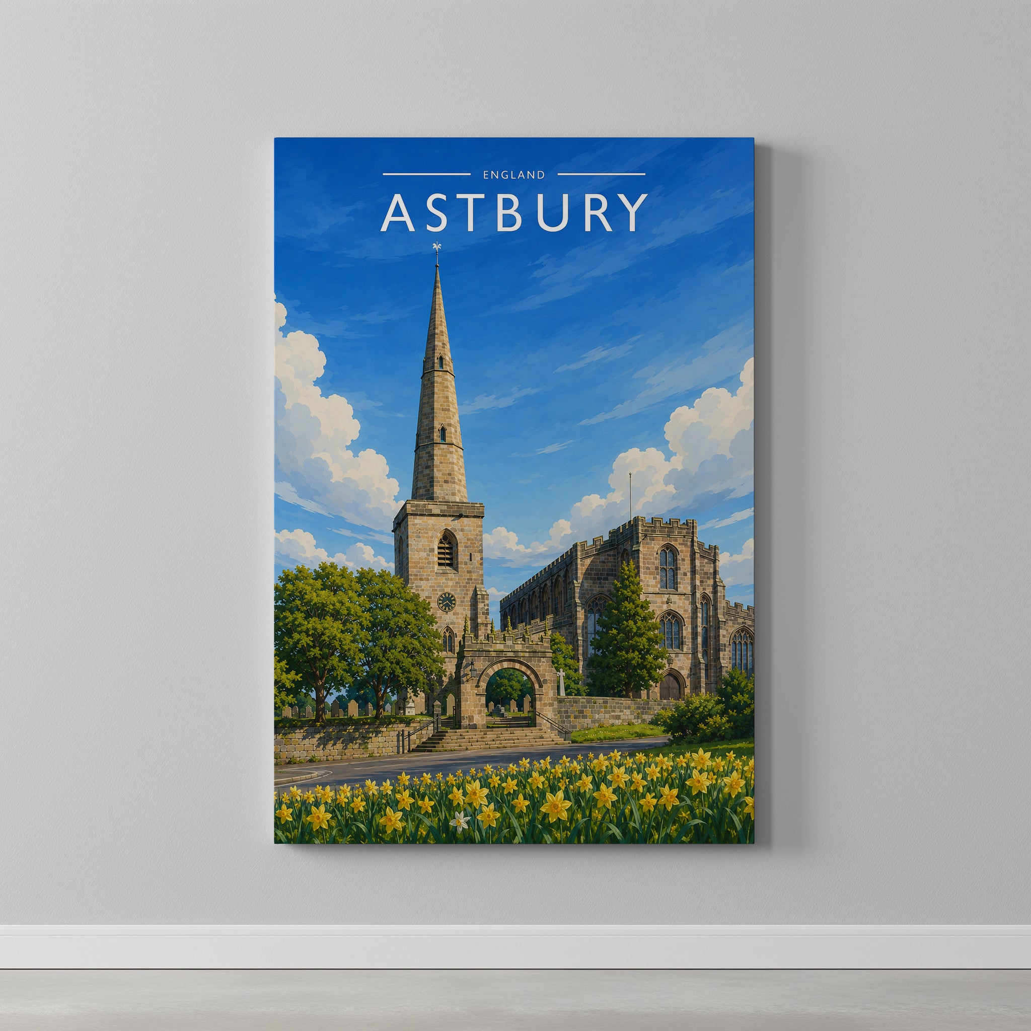 Astbury Travel Poster as a gallery-wrapped canvas on a plain wall