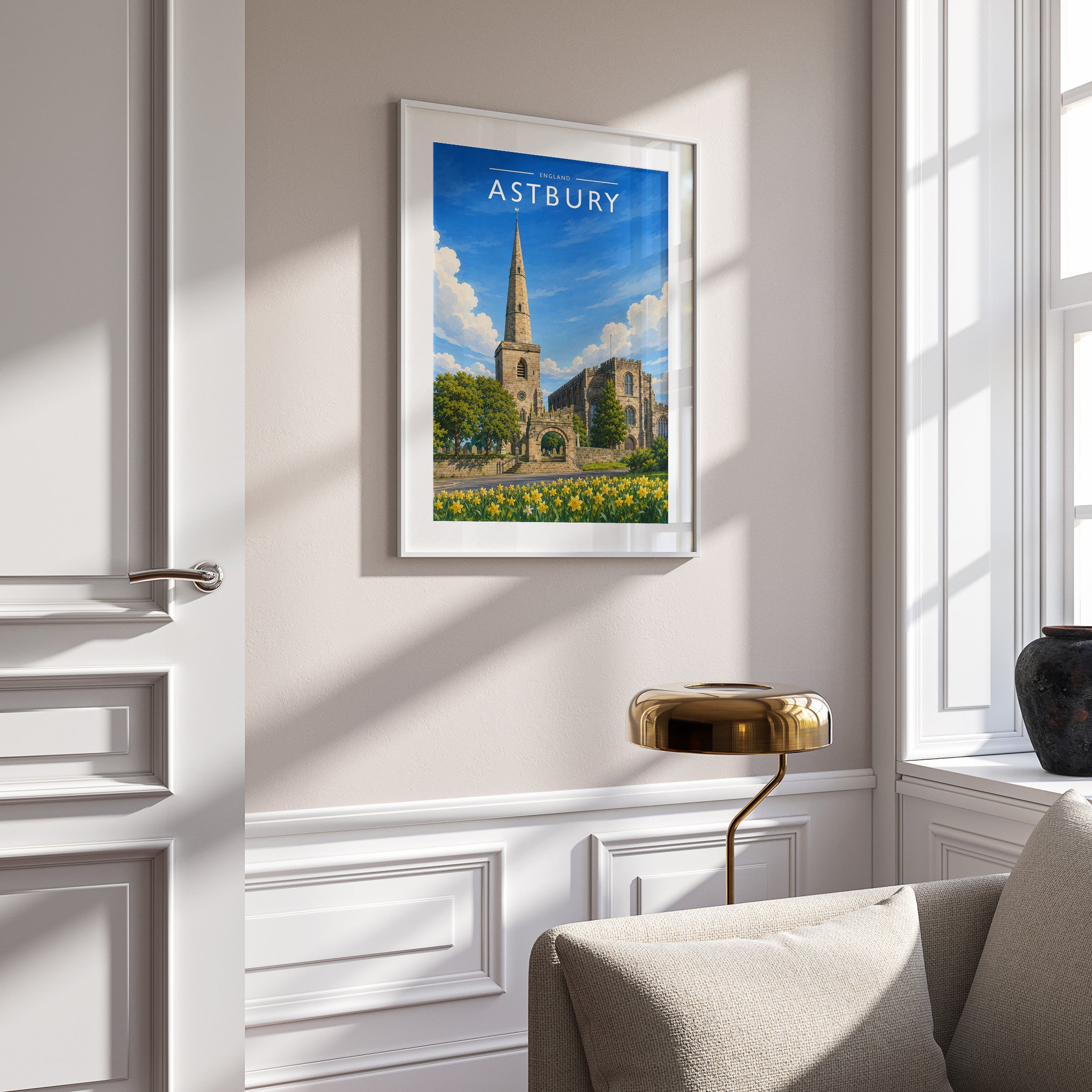 Astbury Travel Poster mounted in a white frame