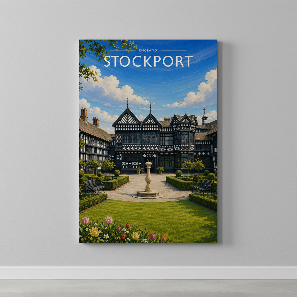 Stockport #2 Travel Poster as a gallery-wrapped canvas on a plain wall