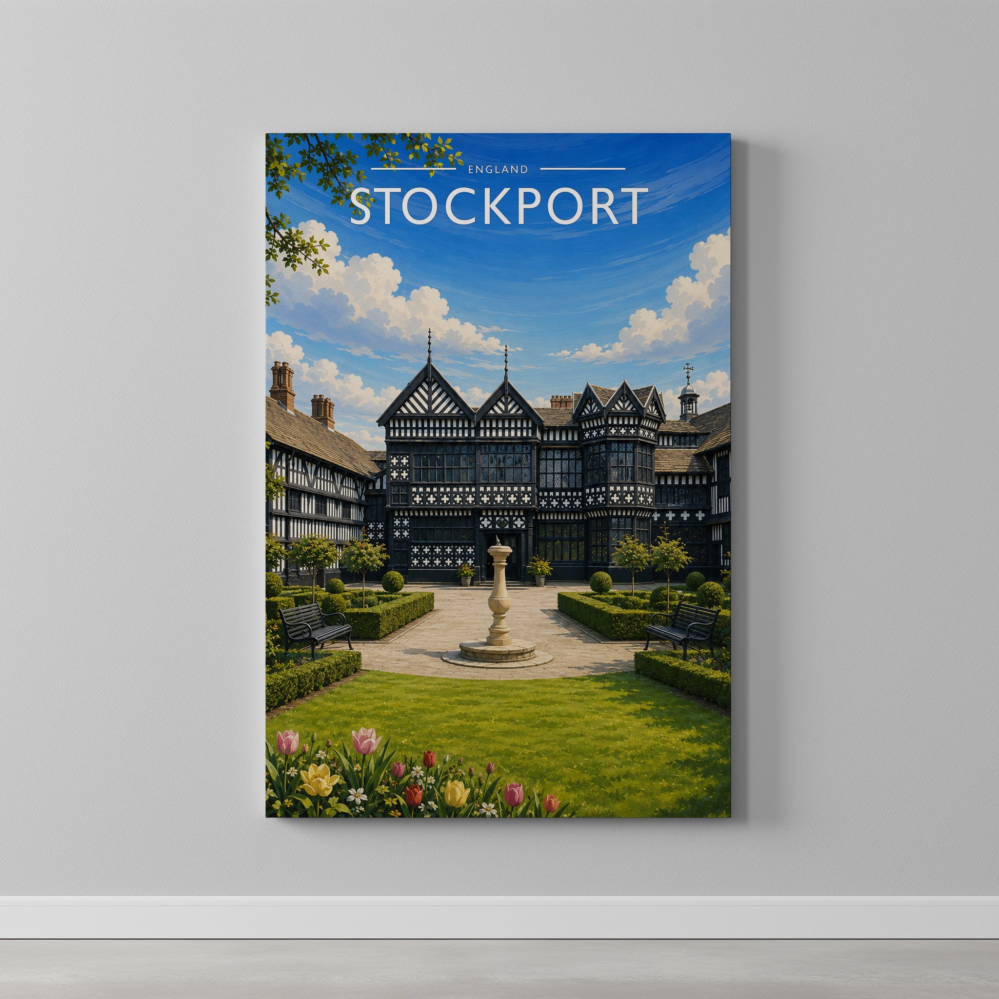 Stockport #2 Travel Poster as a gallery-wrapped canvas on a plain wall