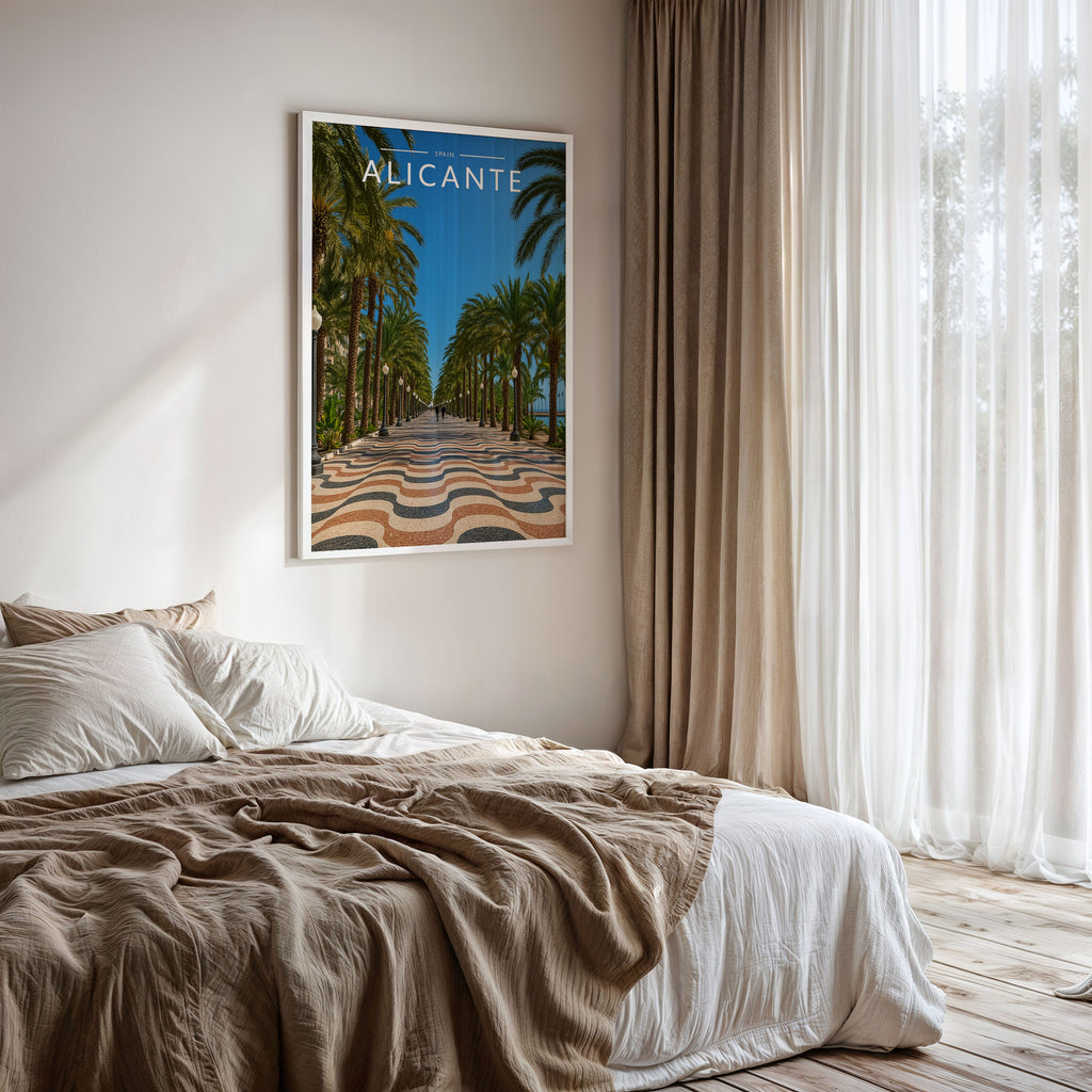 Alicante #2 Travel Poster framed on a bedroom wall